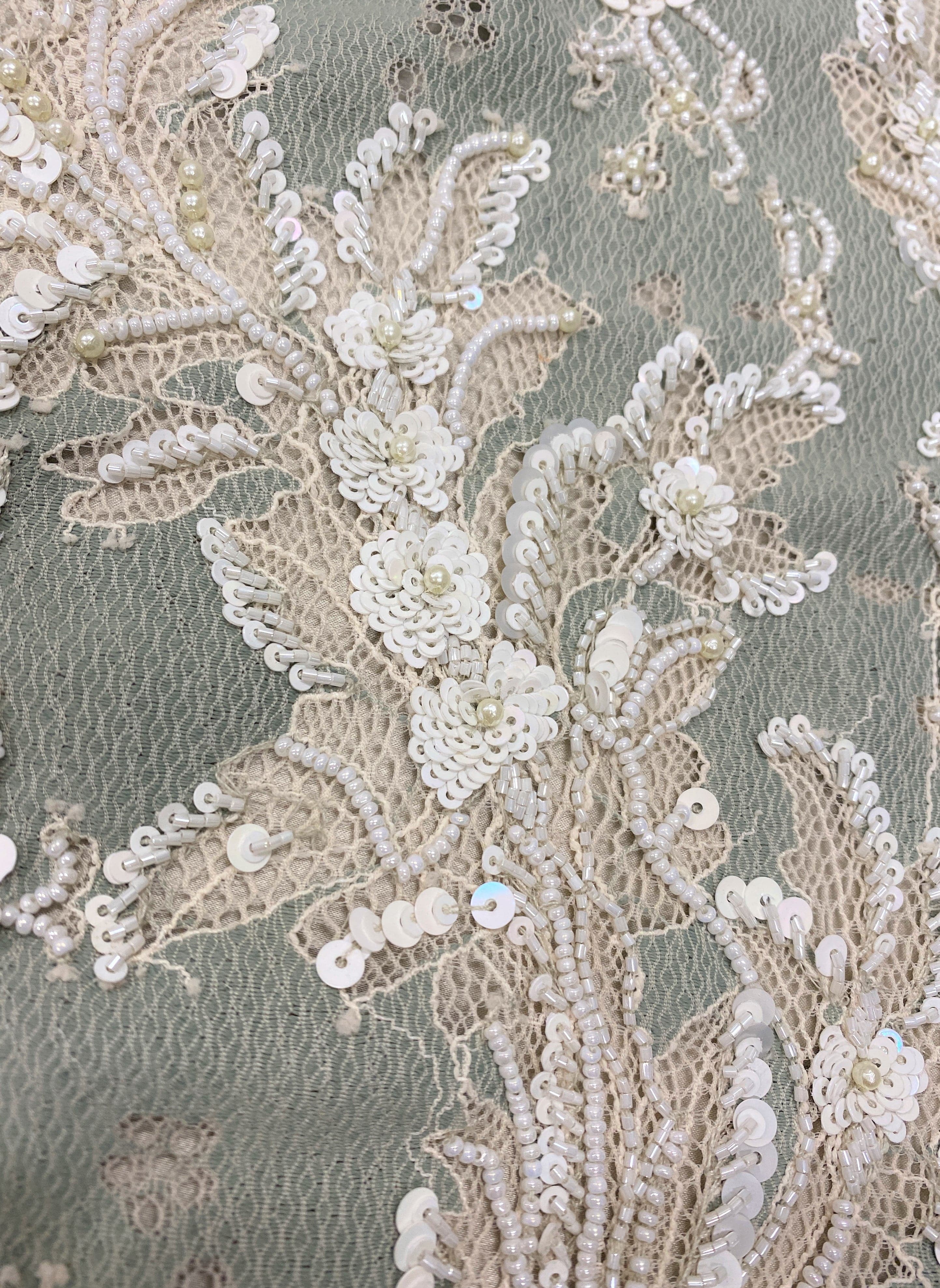 Sage Beaded Lace — featuring scalloped edges, eyelash detail and a botanical design, in nylon with stretch, 140cm wide