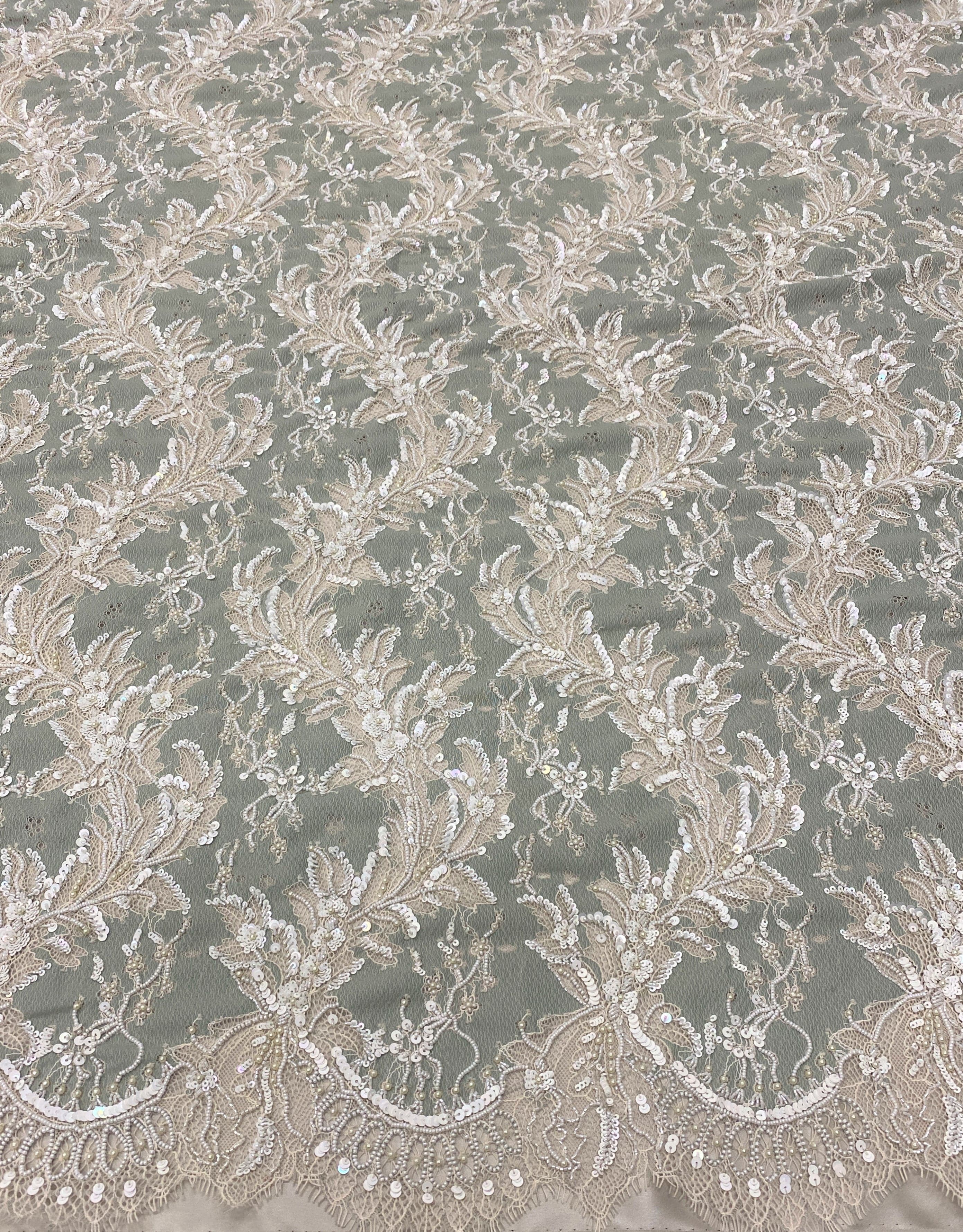 Sage Beaded Lace — featuring scalloped edges, eyelash detail and a botanical design, in nylon with stretch, 140cm wide