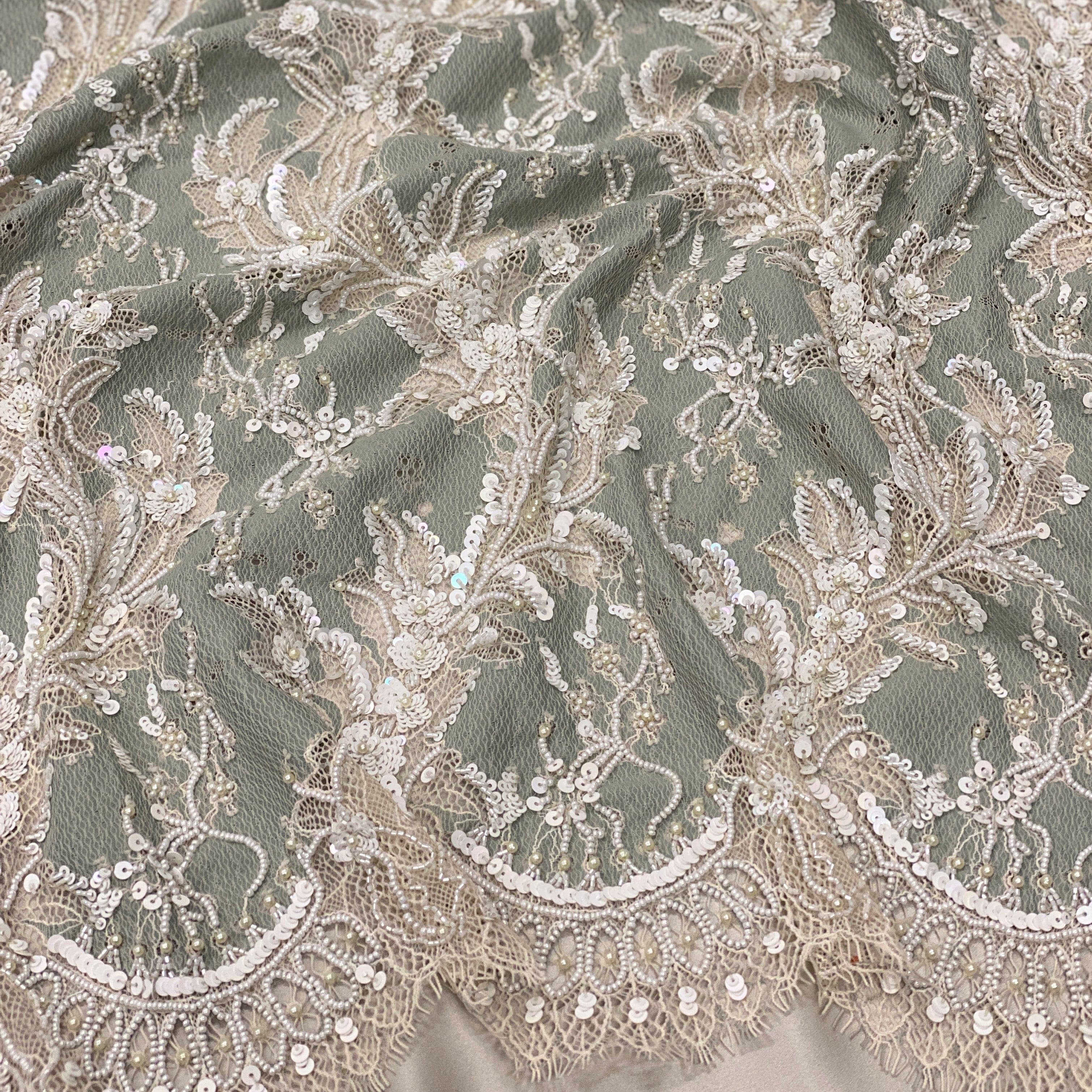 Sage Beaded Lace — featuring scalloped edges, eyelash detail and a botanical design, in nylon with stretch, 140cm wide