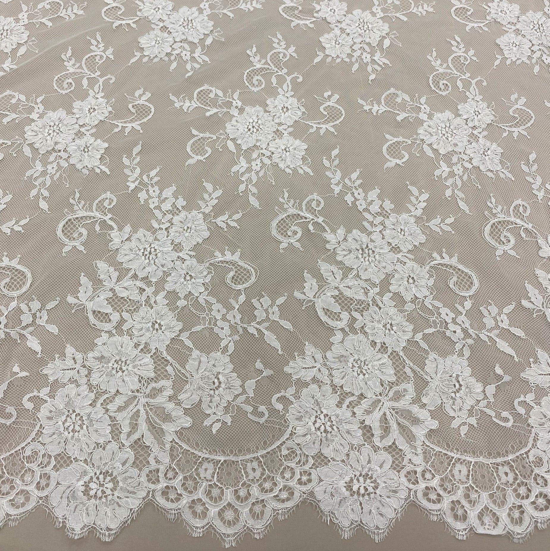 Ivory Corded Floral Lace — featuring scalloped edges, eyelash detail and floral motifs, 140cm wide