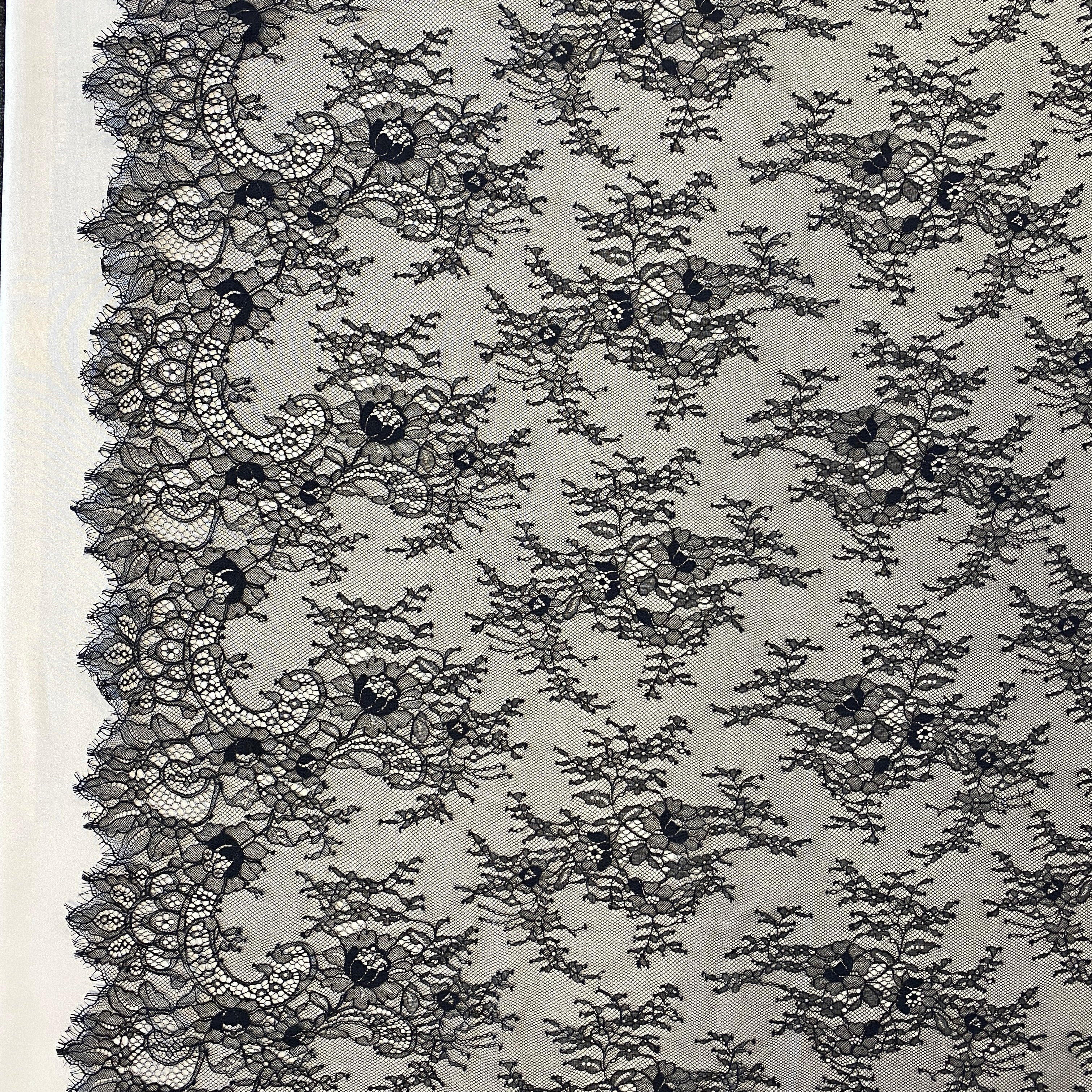 Black Fine Floral Lace — featuring scalloped edges, eyelash detail and floral motifs, 150cm wide