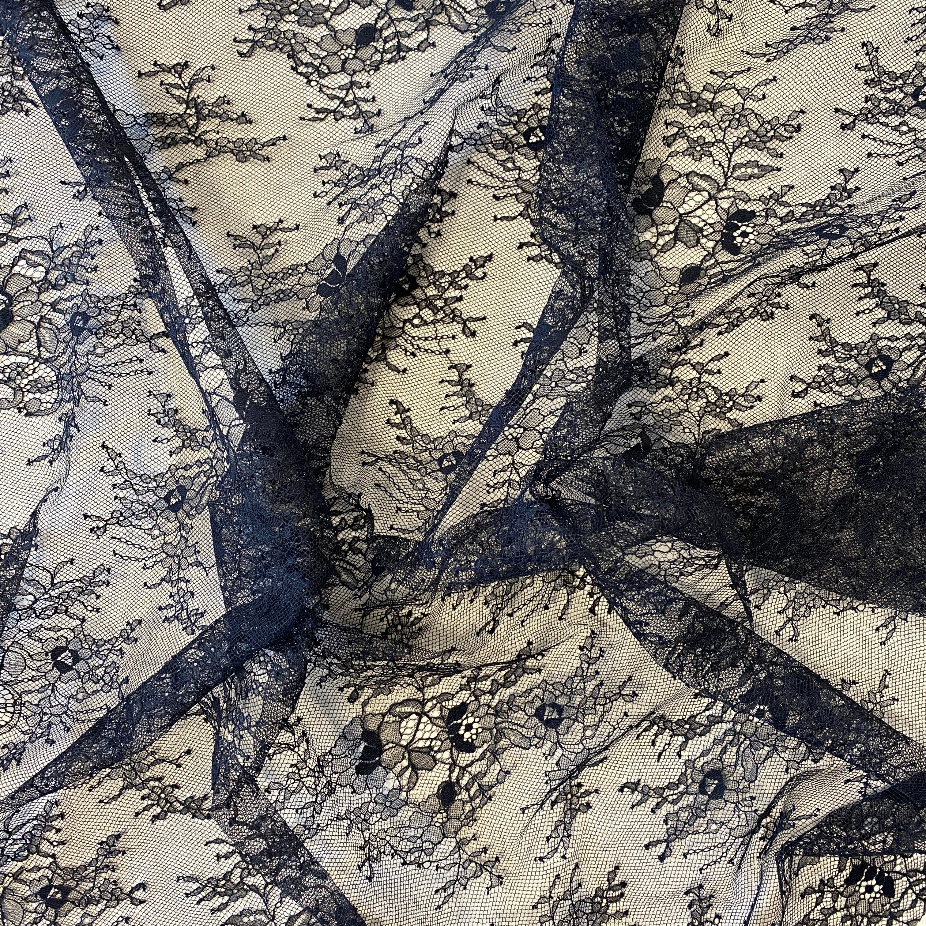 Black Fine Floral Lace — featuring scalloped edges, eyelash detail and floral motifs, 150cm wide