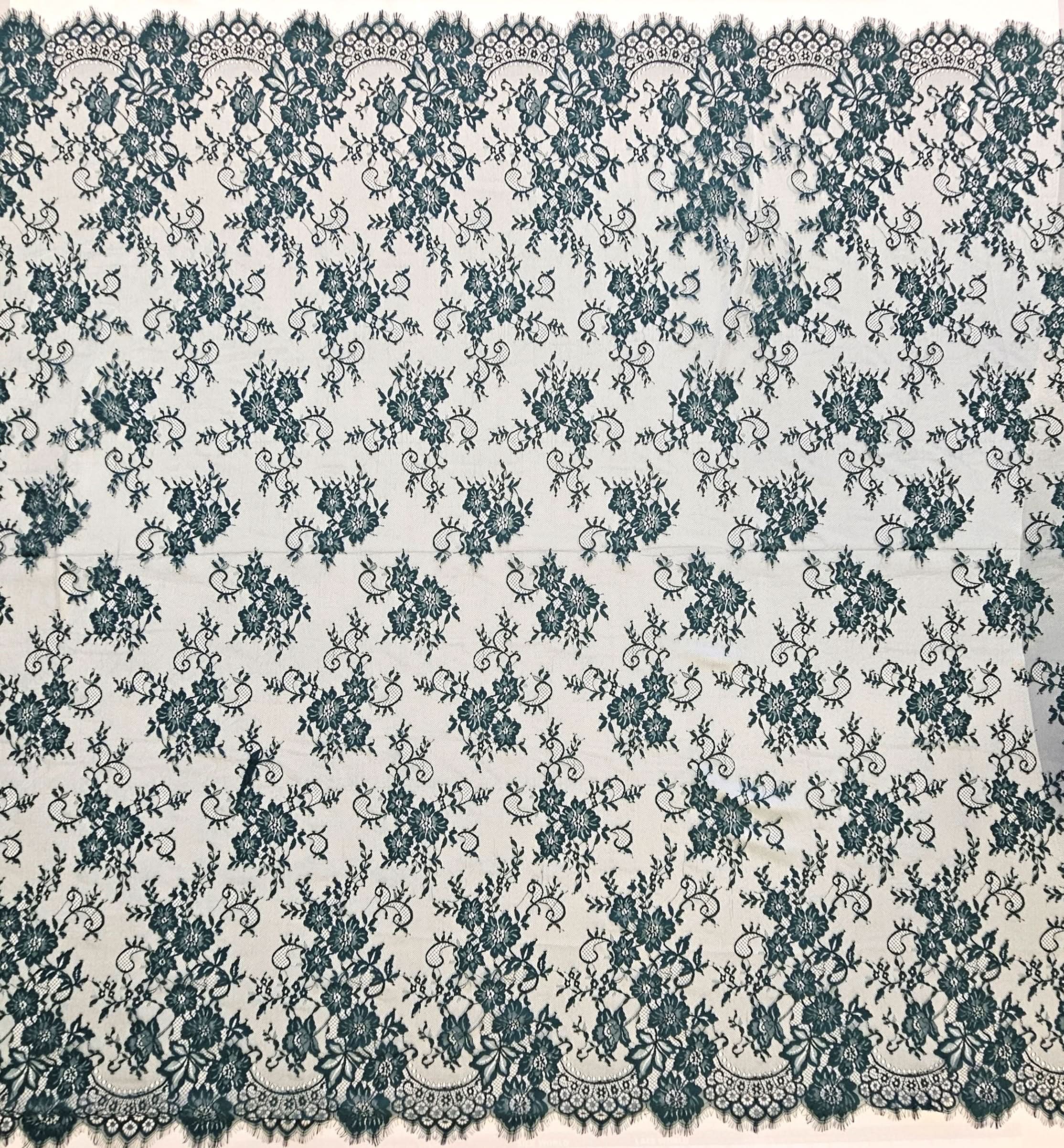 Bottle Green Fine Floral Lace — featuring scalloped edges and floral motifs, 130cm wide
