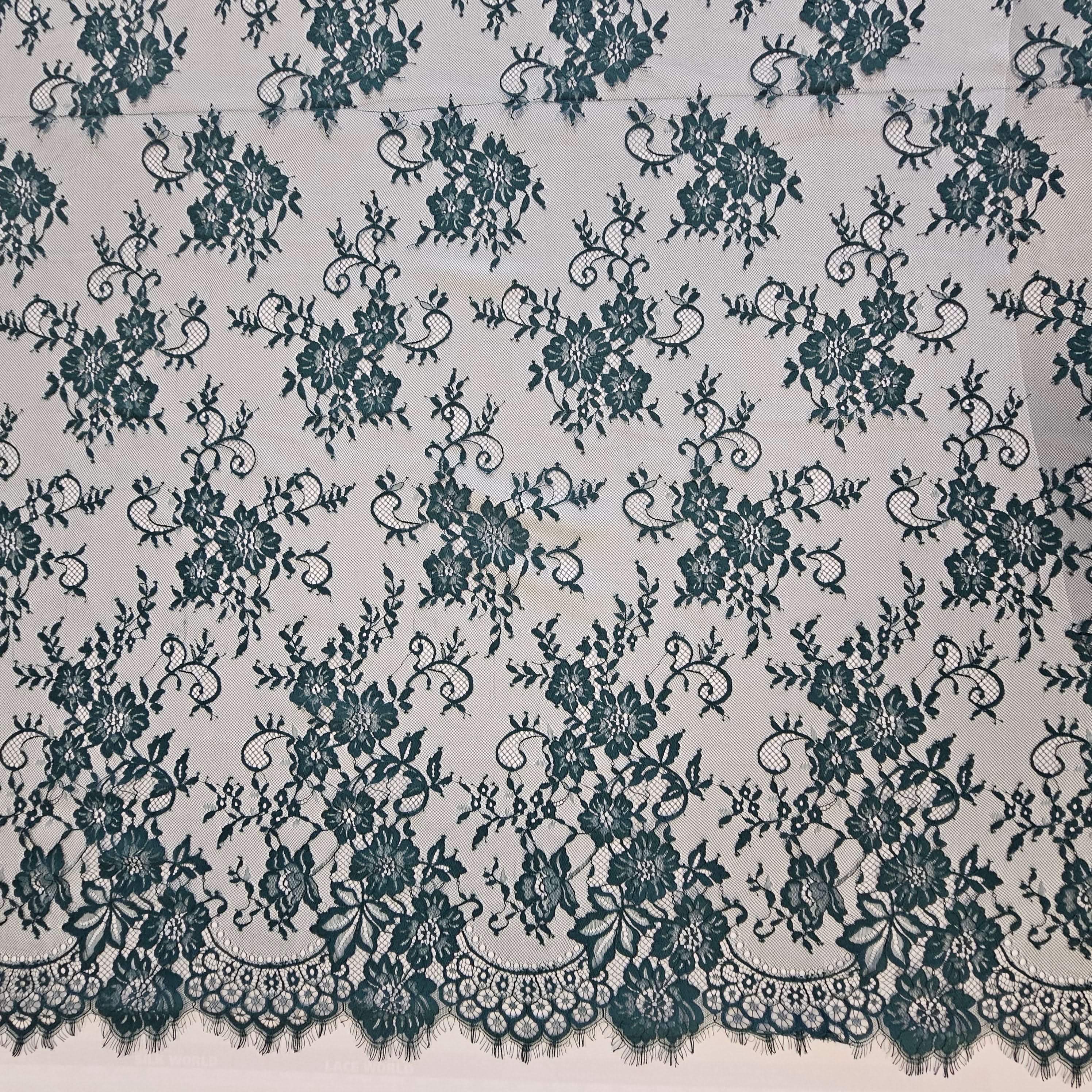 Bottle Green Fine Floral Lace — featuring scalloped edges and floral motifs, 130cm wide