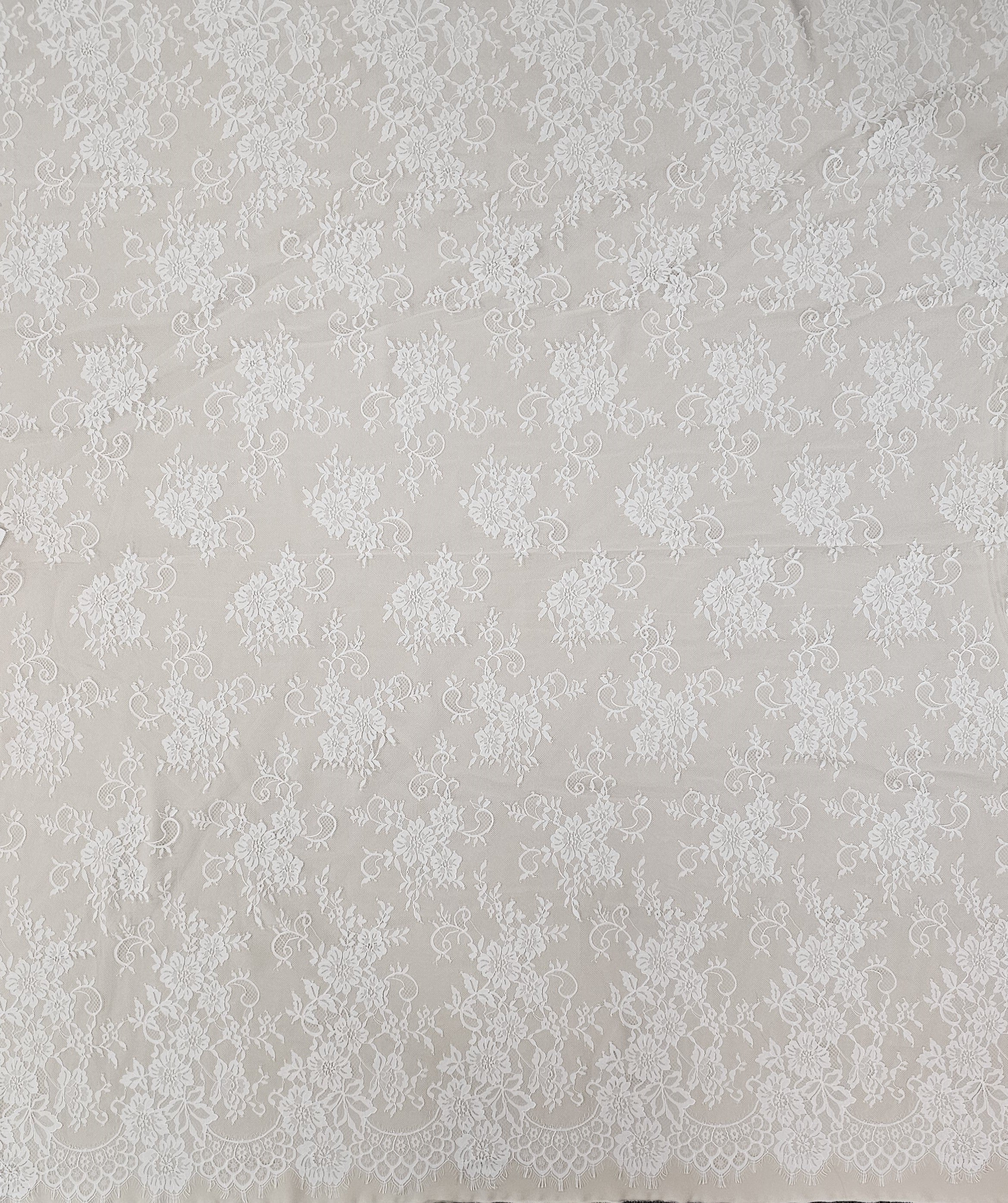 Ivory Fine Floral Lace — featuring scalloped edges and floral motifs, 130cm wide
