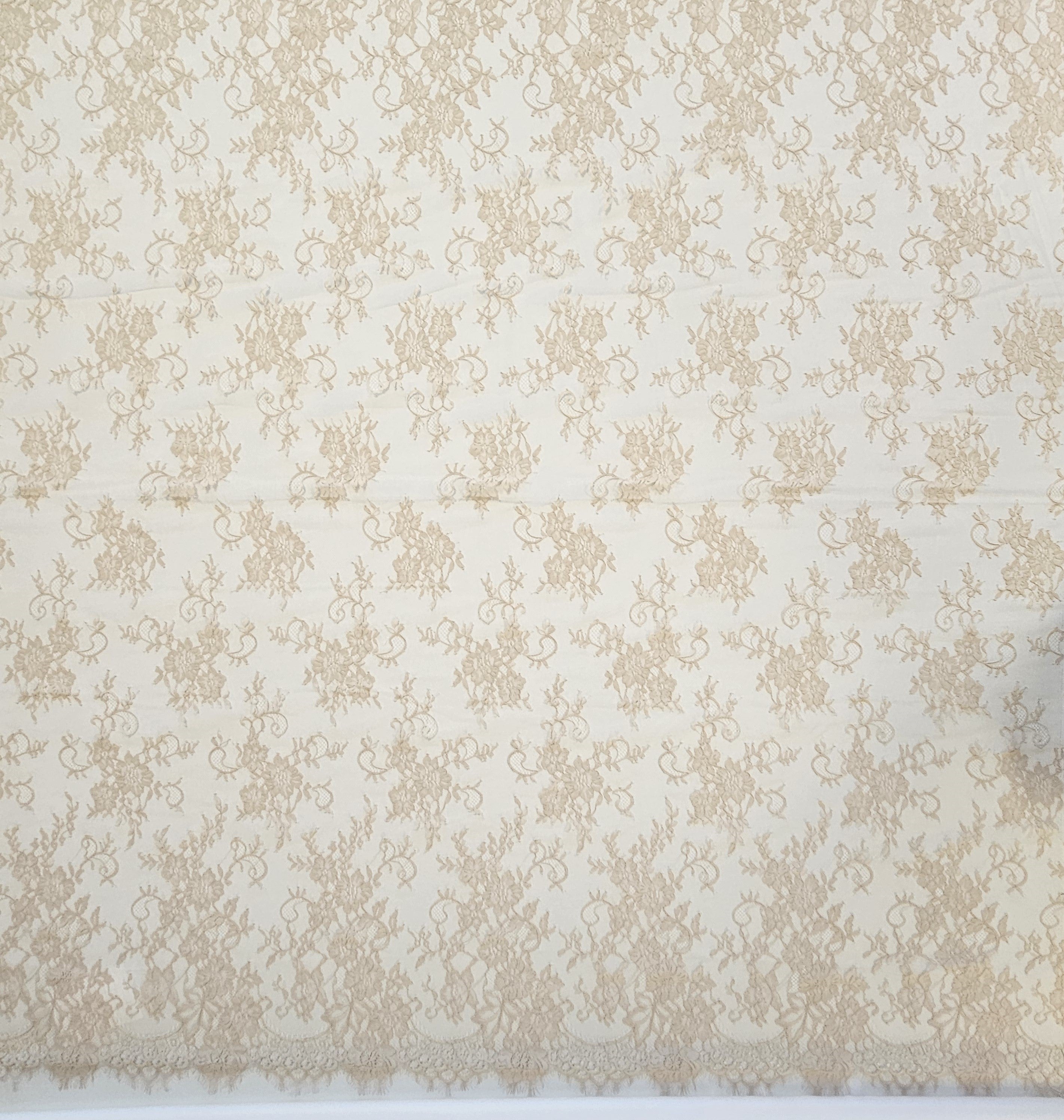 Nude Fine Floral Lace — featuring scalloped edges and floral motifs, 130cm wide