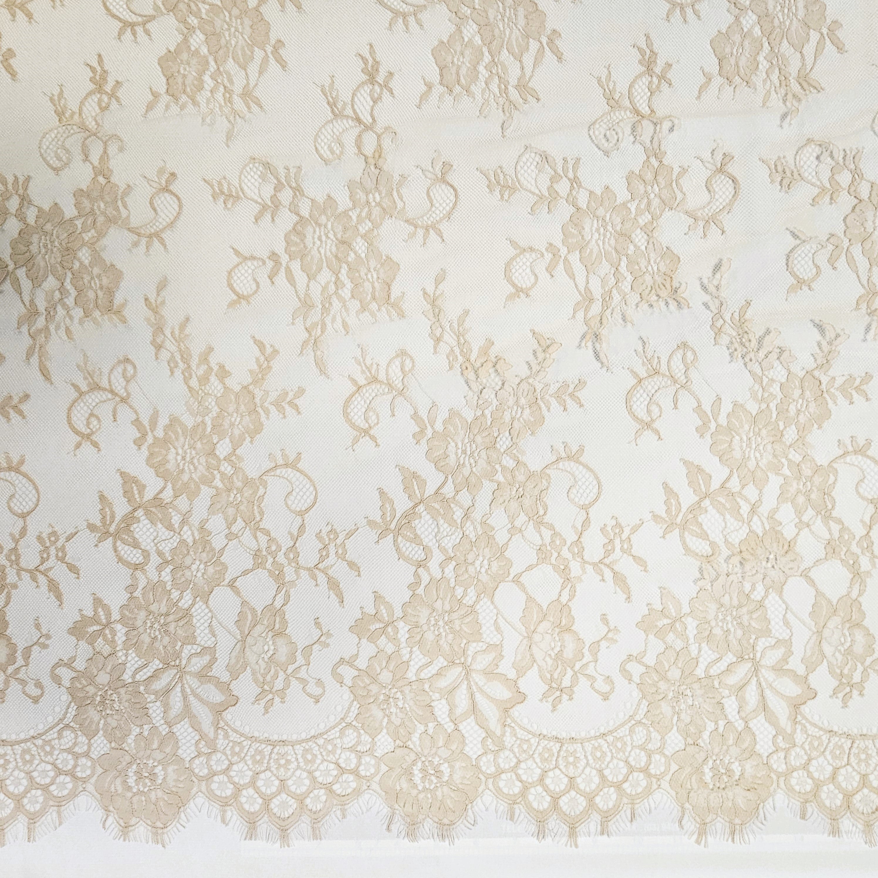 Nude Fine Floral Lace — featuring scalloped edges and floral motifs, 130cm wide