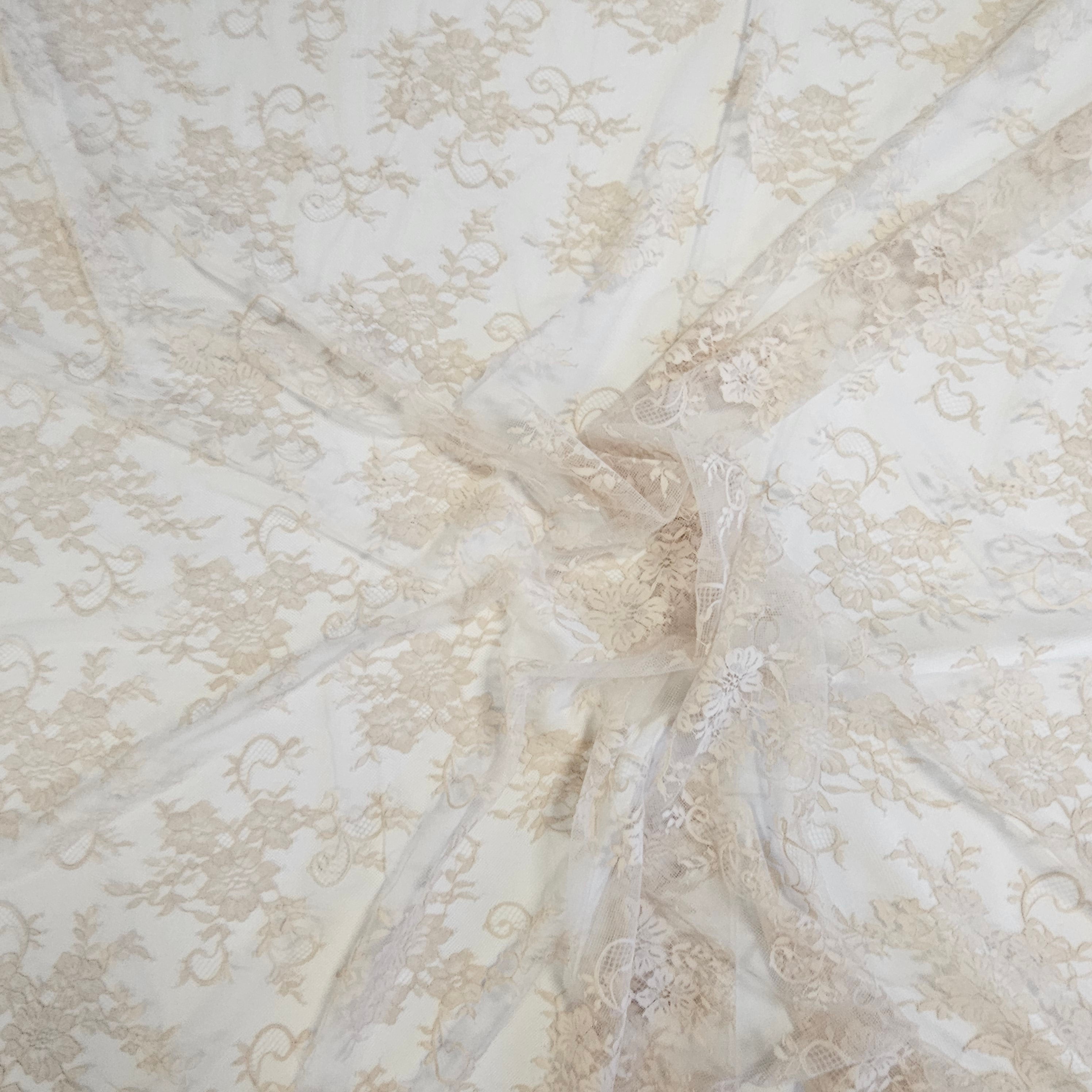 Nude Fine Floral Lace — featuring scalloped edges and floral motifs, 130cm wide