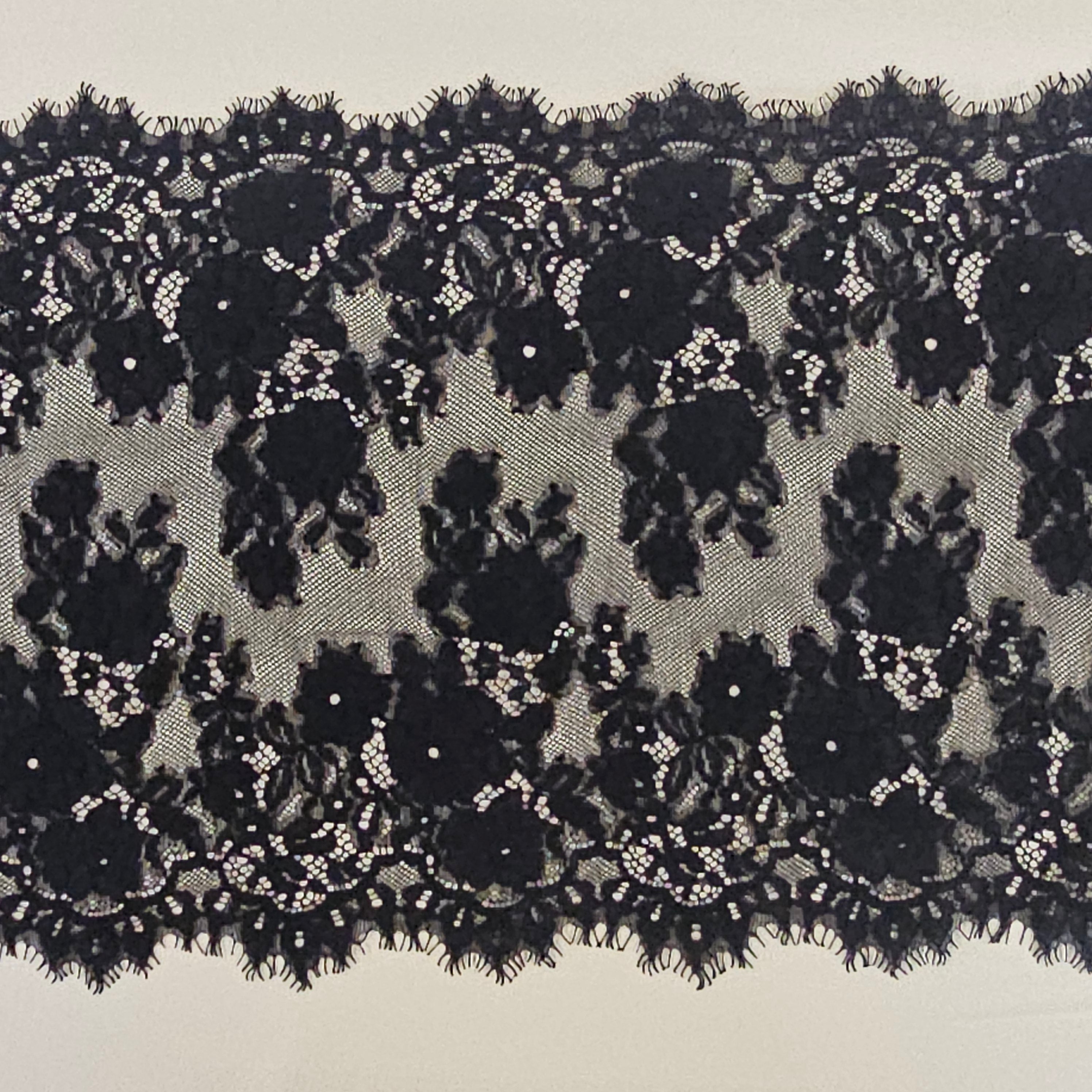 Black Fine Lace Trim — featuring scalloped edges, eyelash detail and floral motifs, in cotton and nylon, 30cm wide