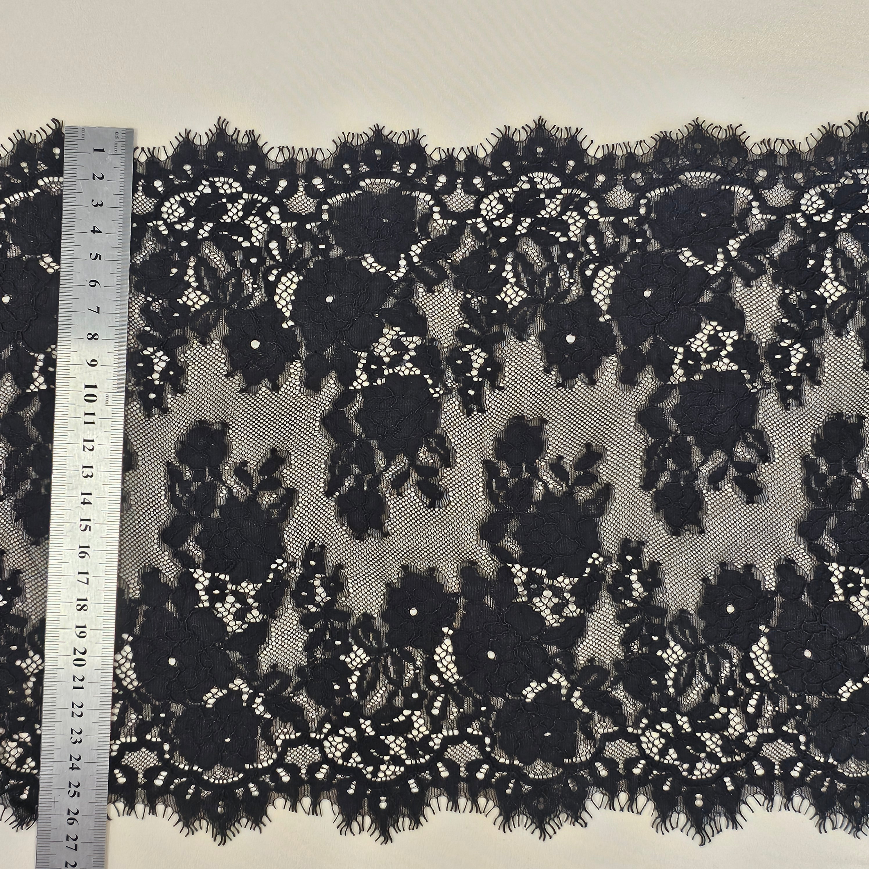 Black Fine Lace Trim — featuring scalloped edges, eyelash detail and floral motifs, in cotton and nylon, 30cm wide