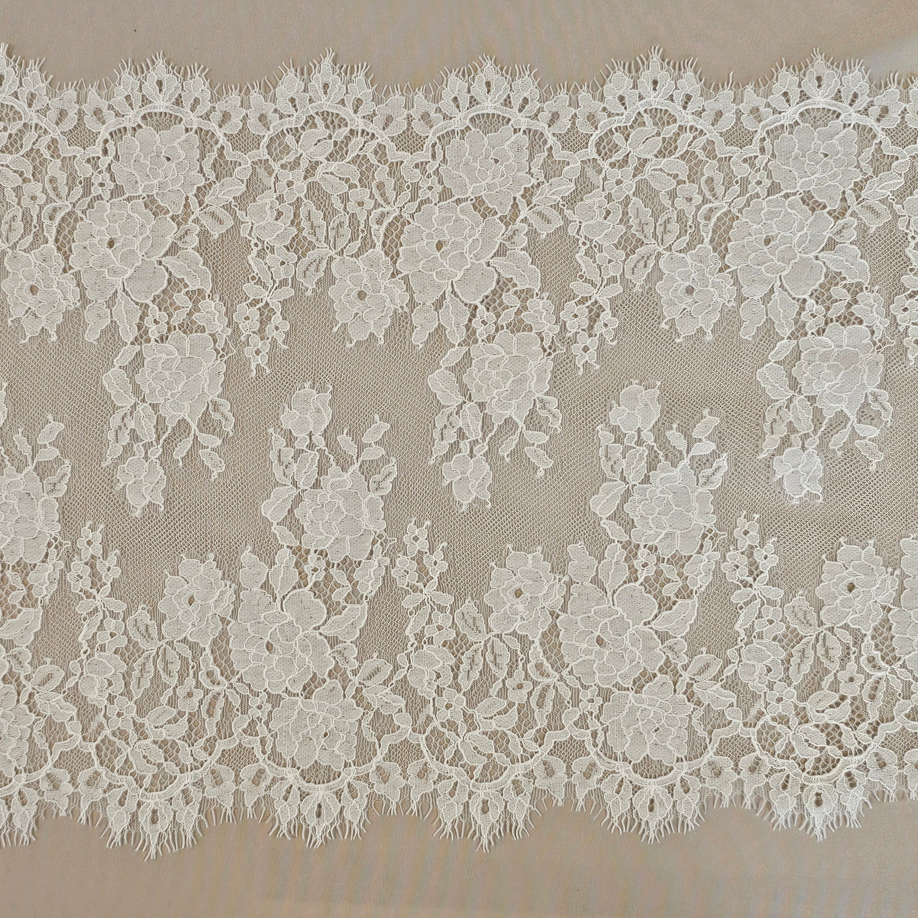 Ivory Fine Lace Trim — featuring scalloped edges, eyelash detail and floral motifs, in cotton and nylon, 30cm wide