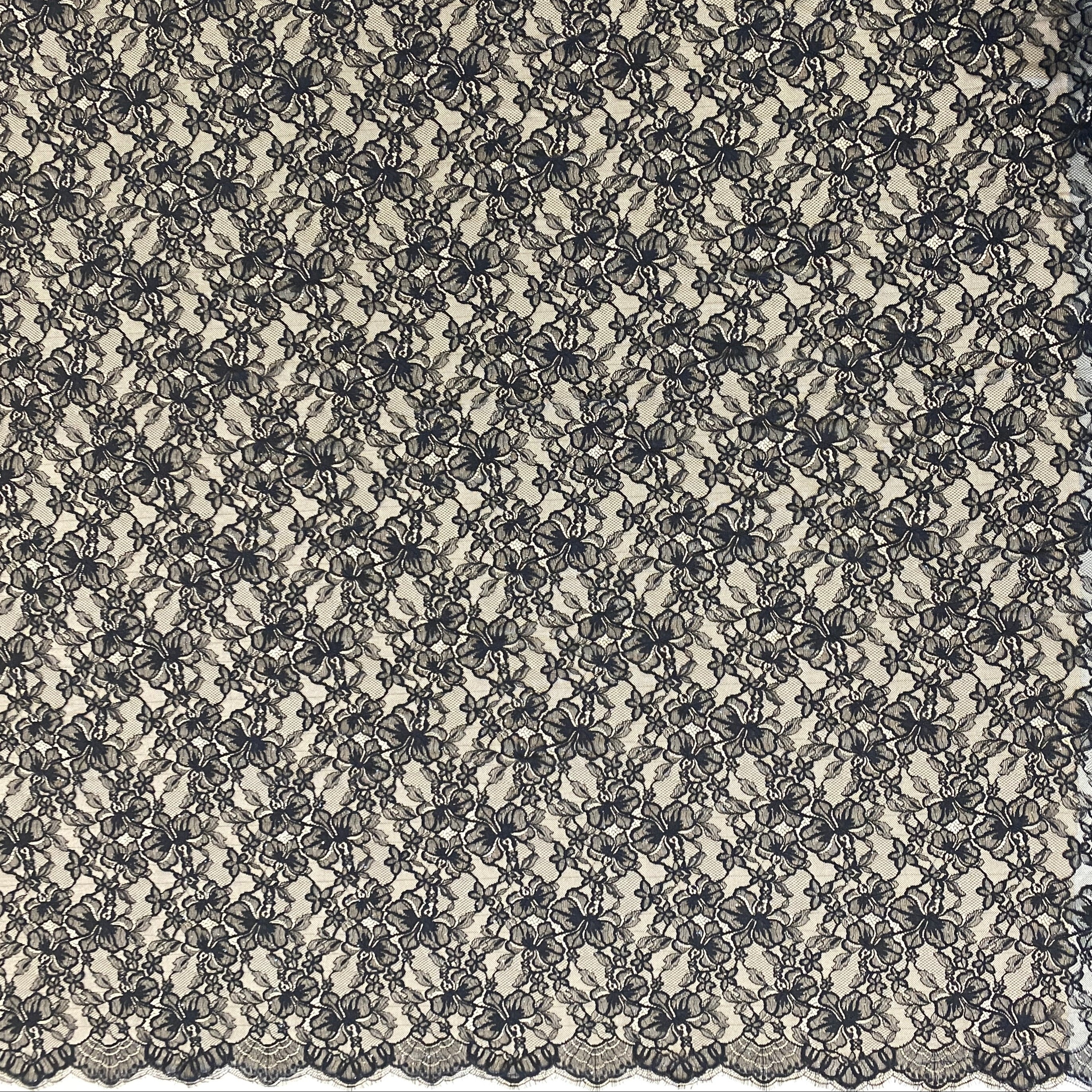 Black Glitter Floral Lace — featuring scalloped edges and floral motifs, in nylon, 160cm wide