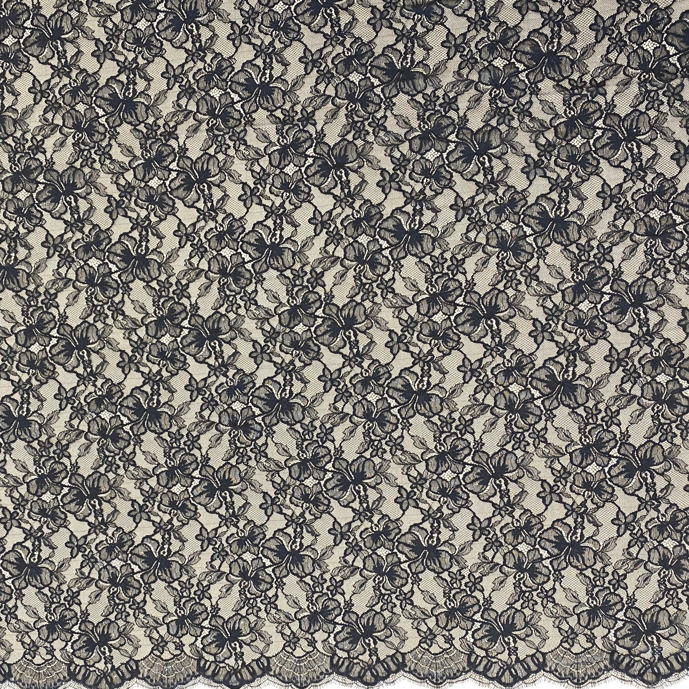 Black Glitter Floral Lace — featuring scalloped edges and floral motifs, in nylon, 160cm wide