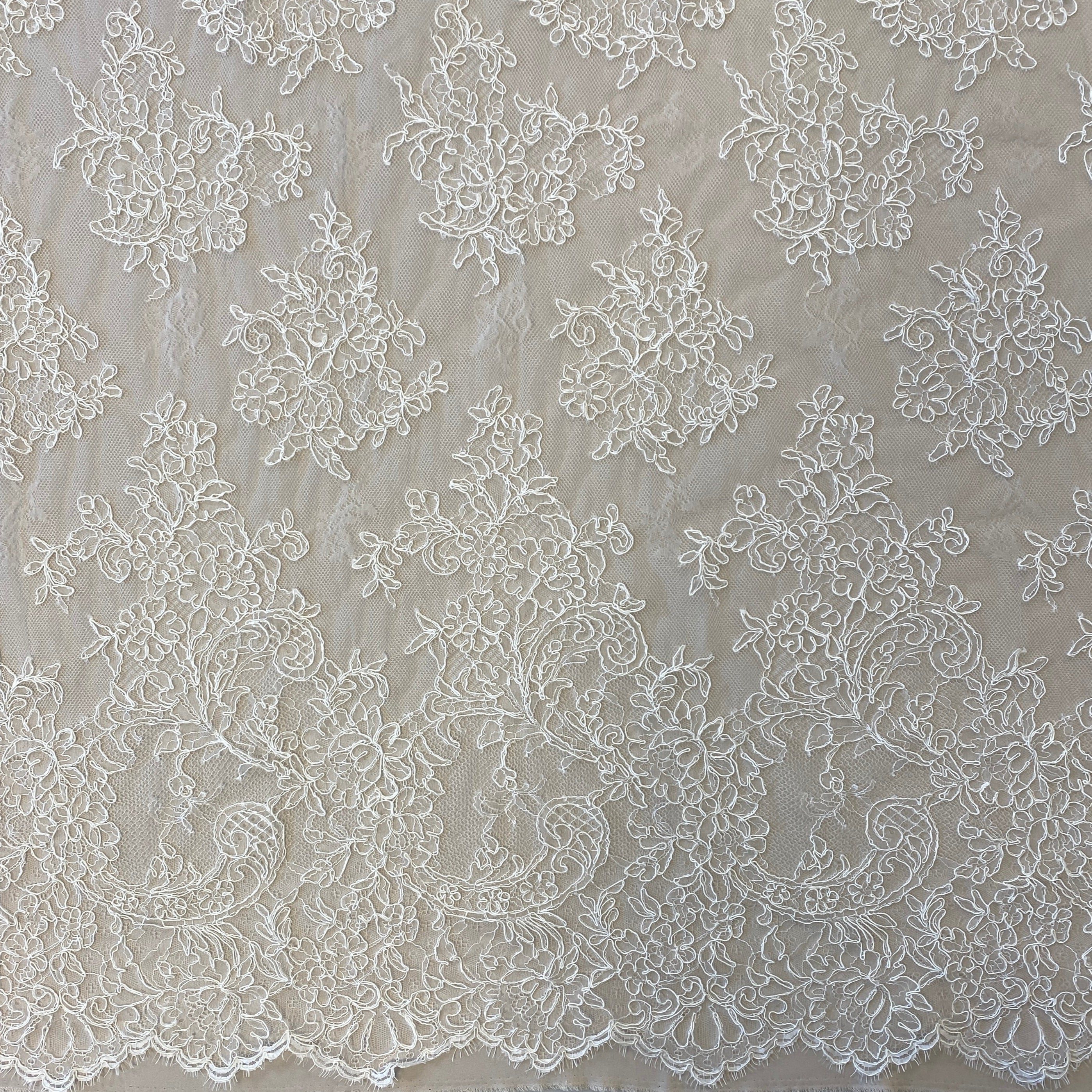 Ivory Fine Corded Lace — featuring scalloped edges, floral motifs and a corded texture, in nylon, cotton and viscose, 140cm wide