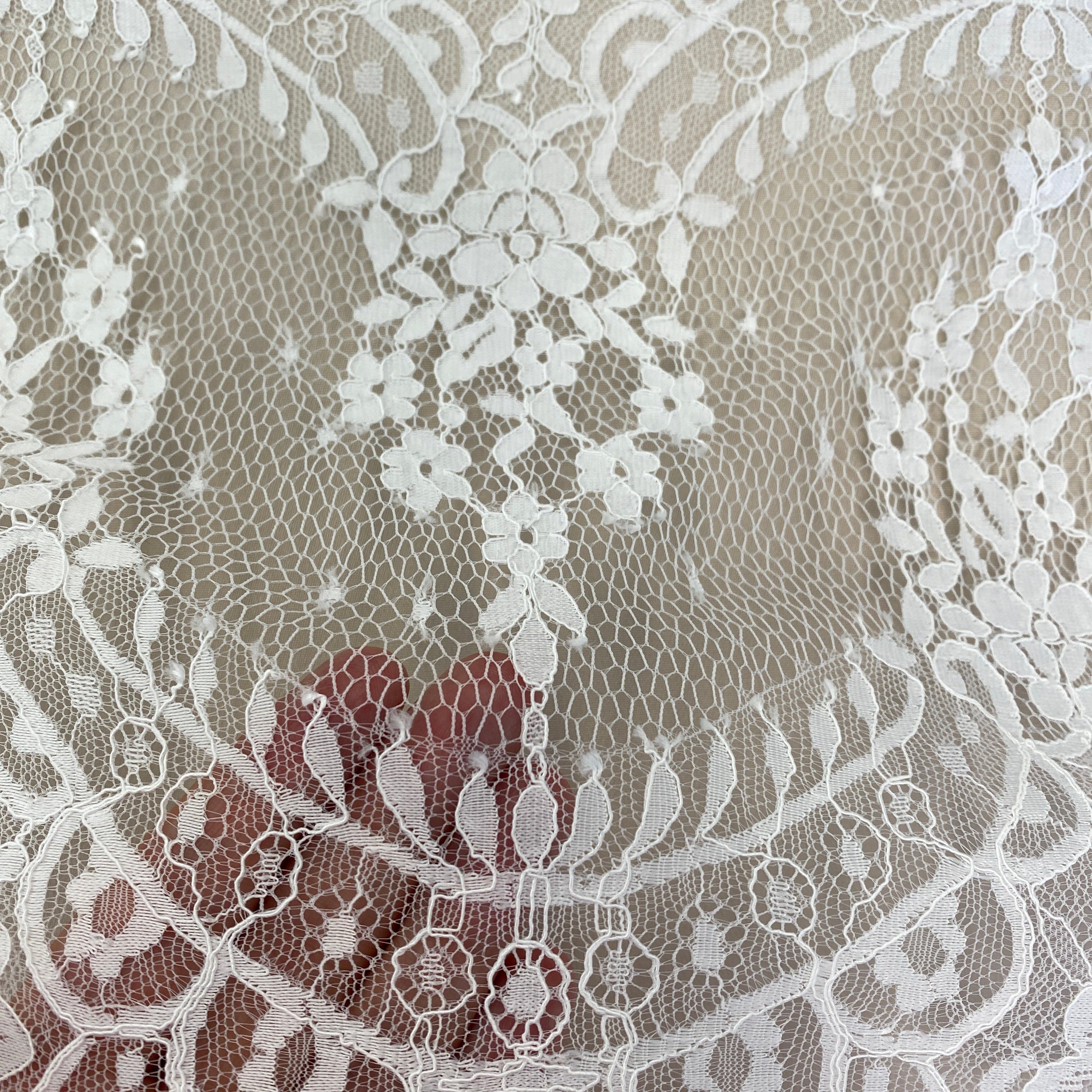 Ivory Fine Lace Trim — featuring scalloped edges and floral motifs, in nylon and viscose, 30cm wide
