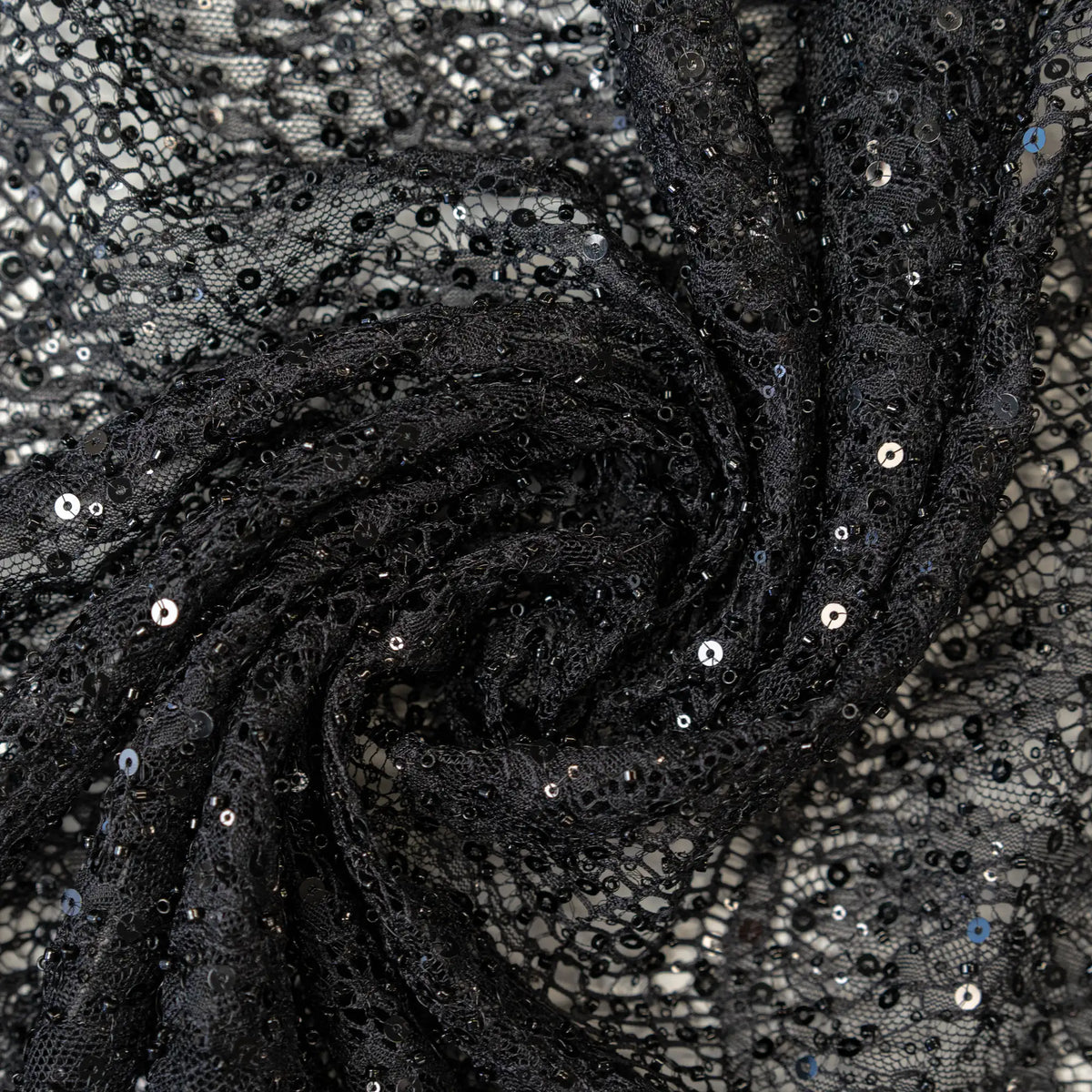 Beaded Scalloped Leavers Lace (1684BD) - Black