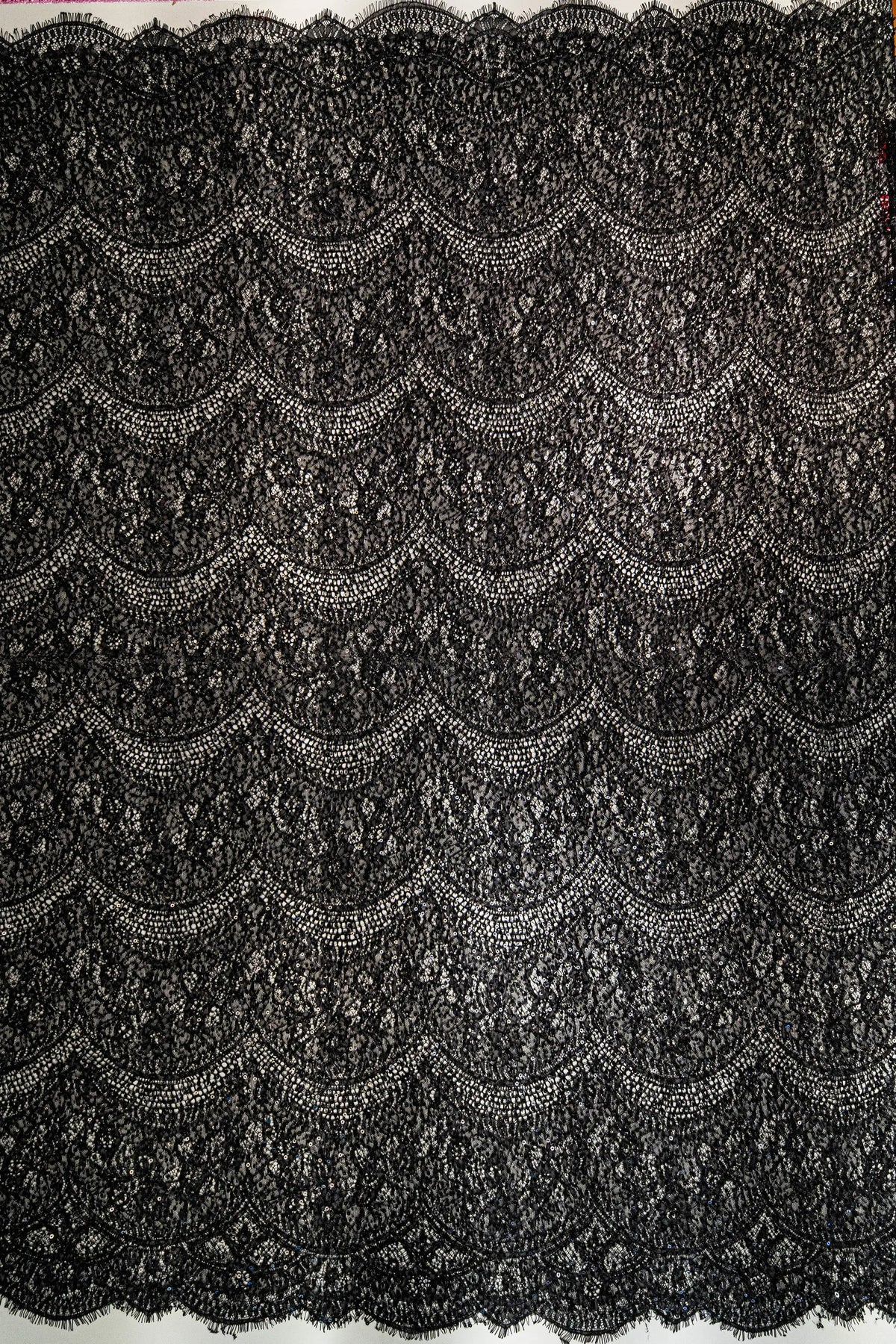 Beaded Scalloped Leavers Lace (1684BD) - Black