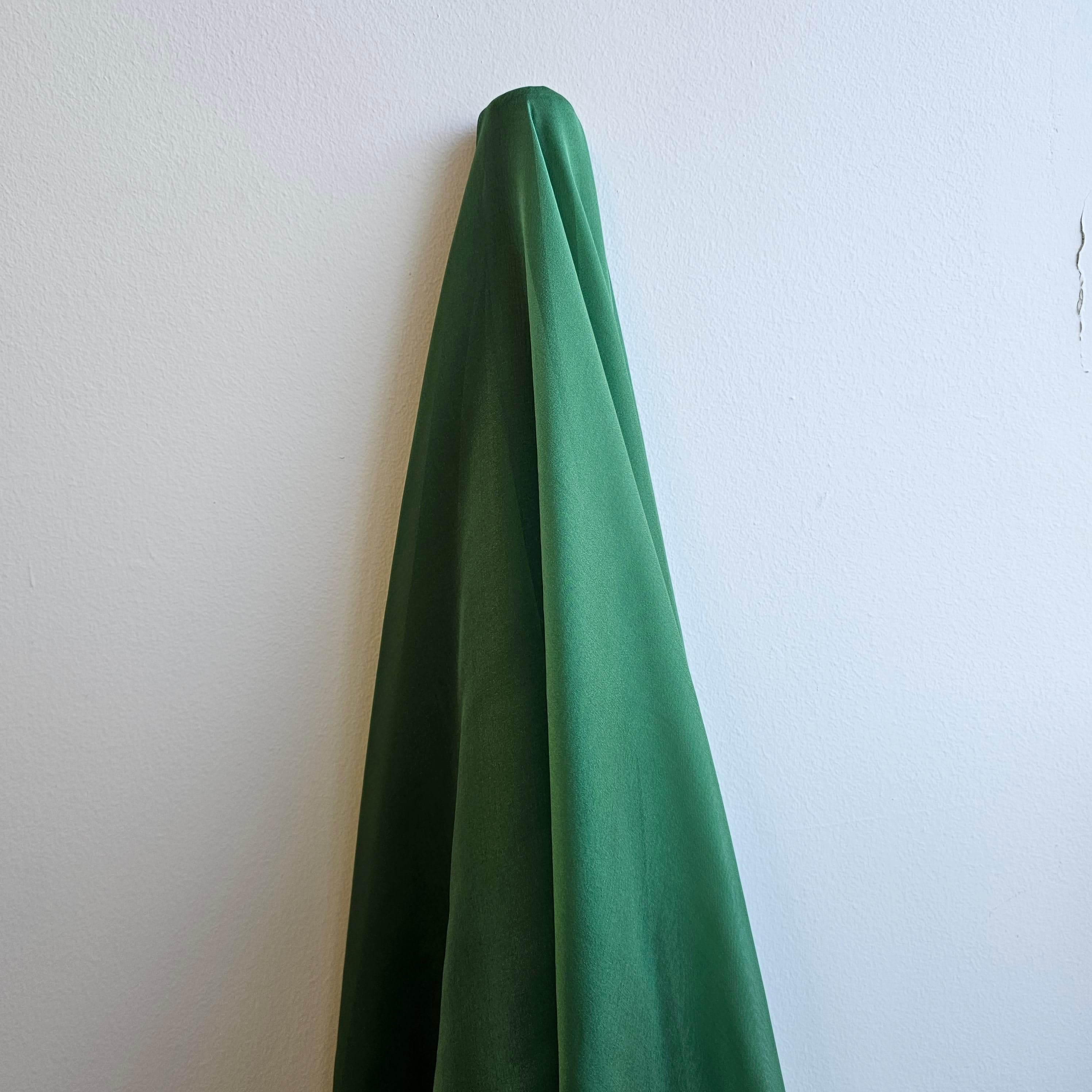 Forest Satin Chiffon — lightweight and sheer with a fluid, airy drape and a smooth satin luster finish, 100% mulberry silk, 140cm wide