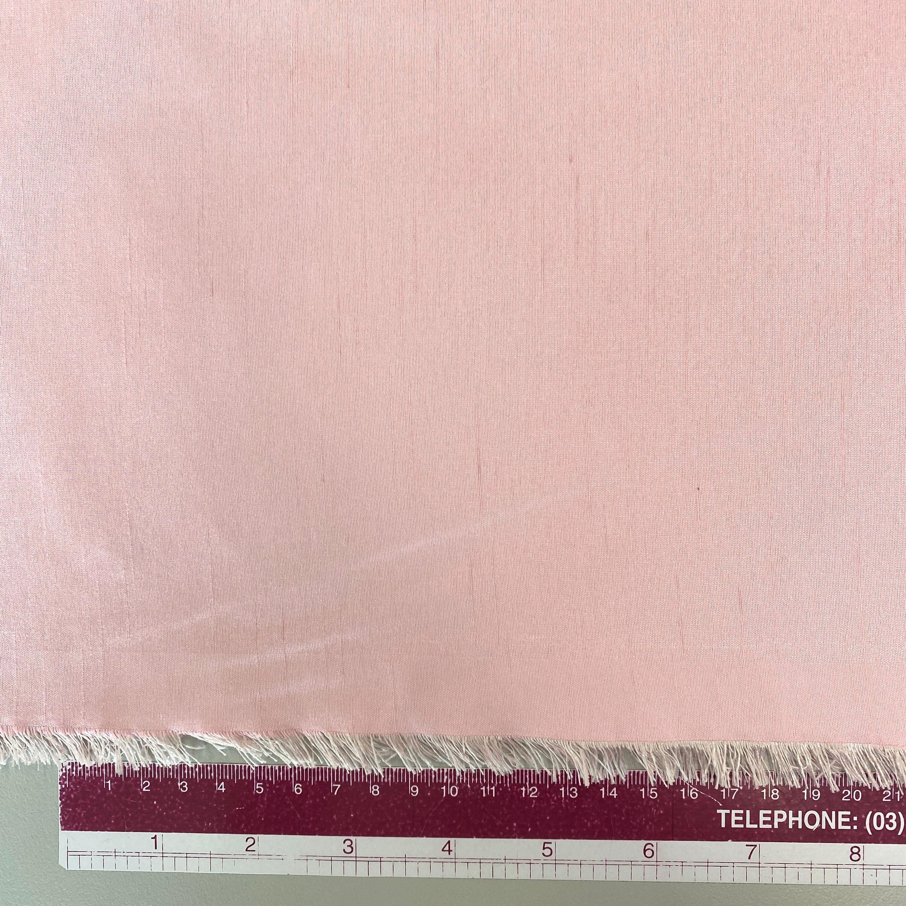 Pale Pink Polyester Dupion — mid-weight and crisp with a lightly slubbed texture, 100% polyester, 140cm wide