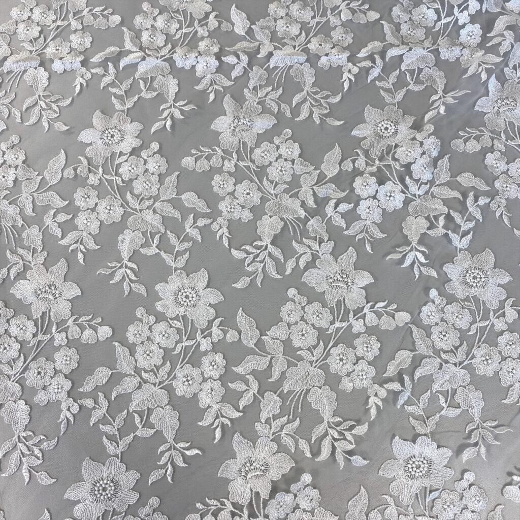 Ivory Embellished Floral Tulle — featuring floral motifs, 60% rayon 40% nylon, 140cm wide
