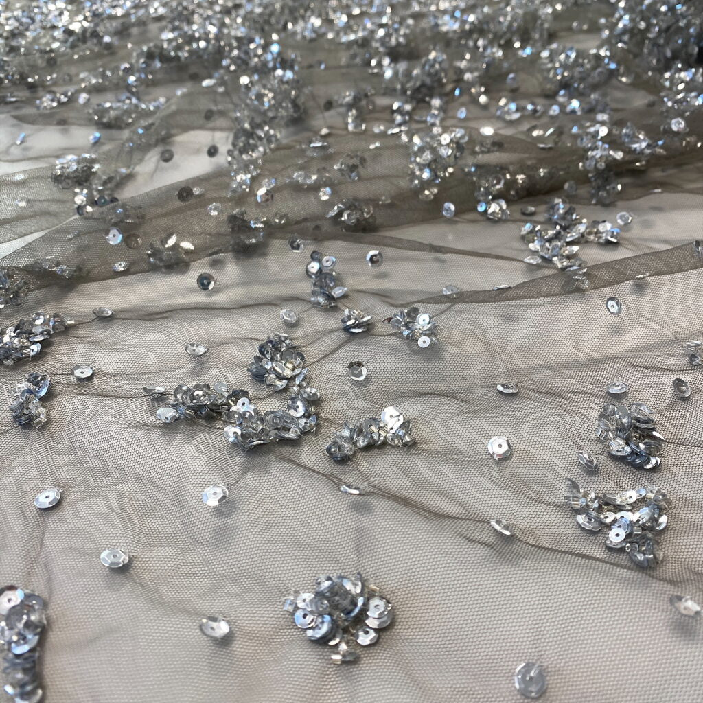 Silver Sequined Tulle — featuring sequins, 100% polyamide, 140cm wide