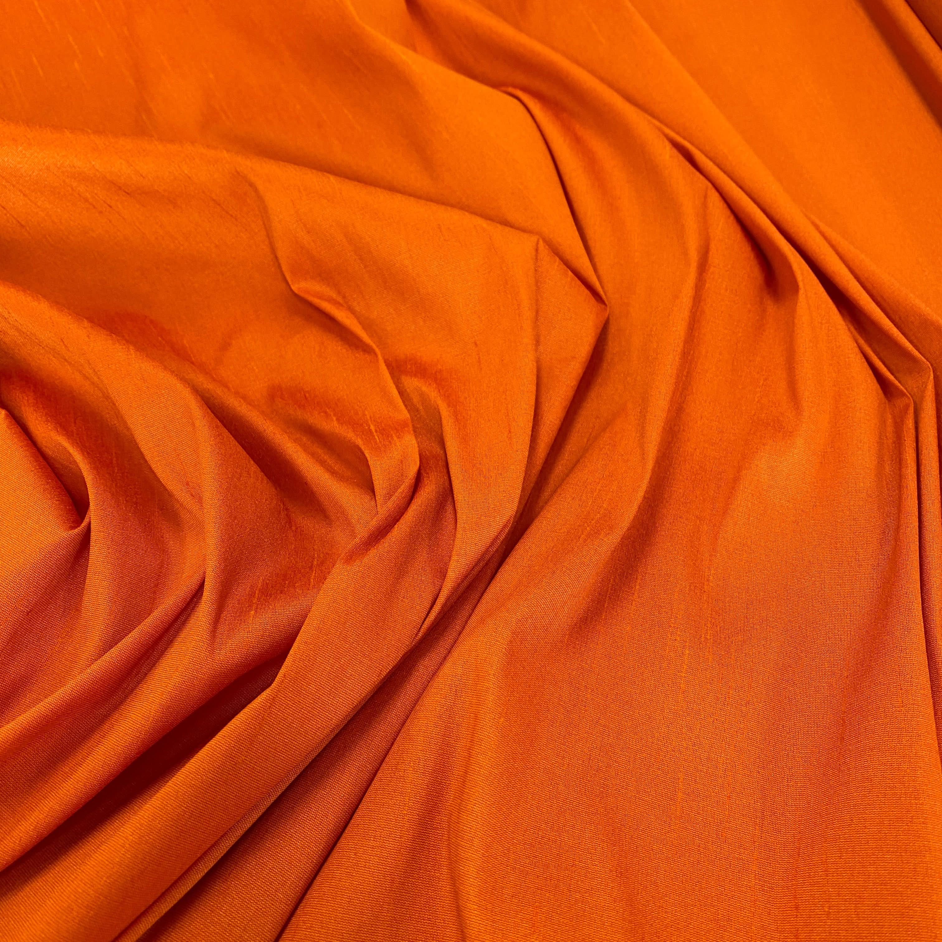 Burnt Orange Polyester Dupion — mid-weight and crisp with a lightly slubbed texture, 100% polyester, 140cm wide