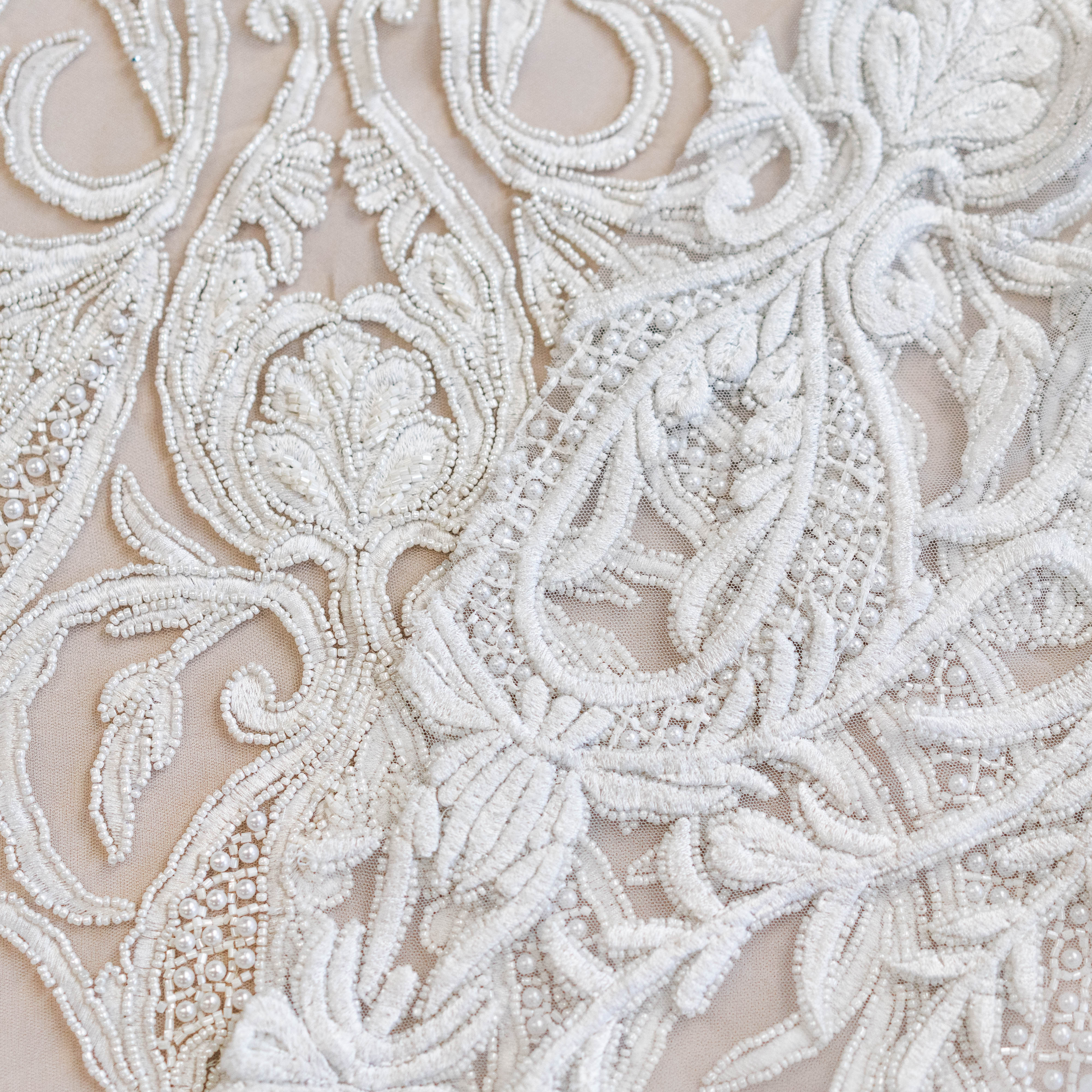 Ivory Beaded Tulle — featuring hand-beading, 100% nylon, 130cm wide