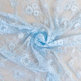 Sky Blue Fine Lace — featuring scalloped edges and floral motifs, in viscose and nylon, 140cm wide