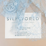 Sky Blue Fine Lace — featuring scalloped edges and floral motifs, in viscose and nylon, 140cm wide
