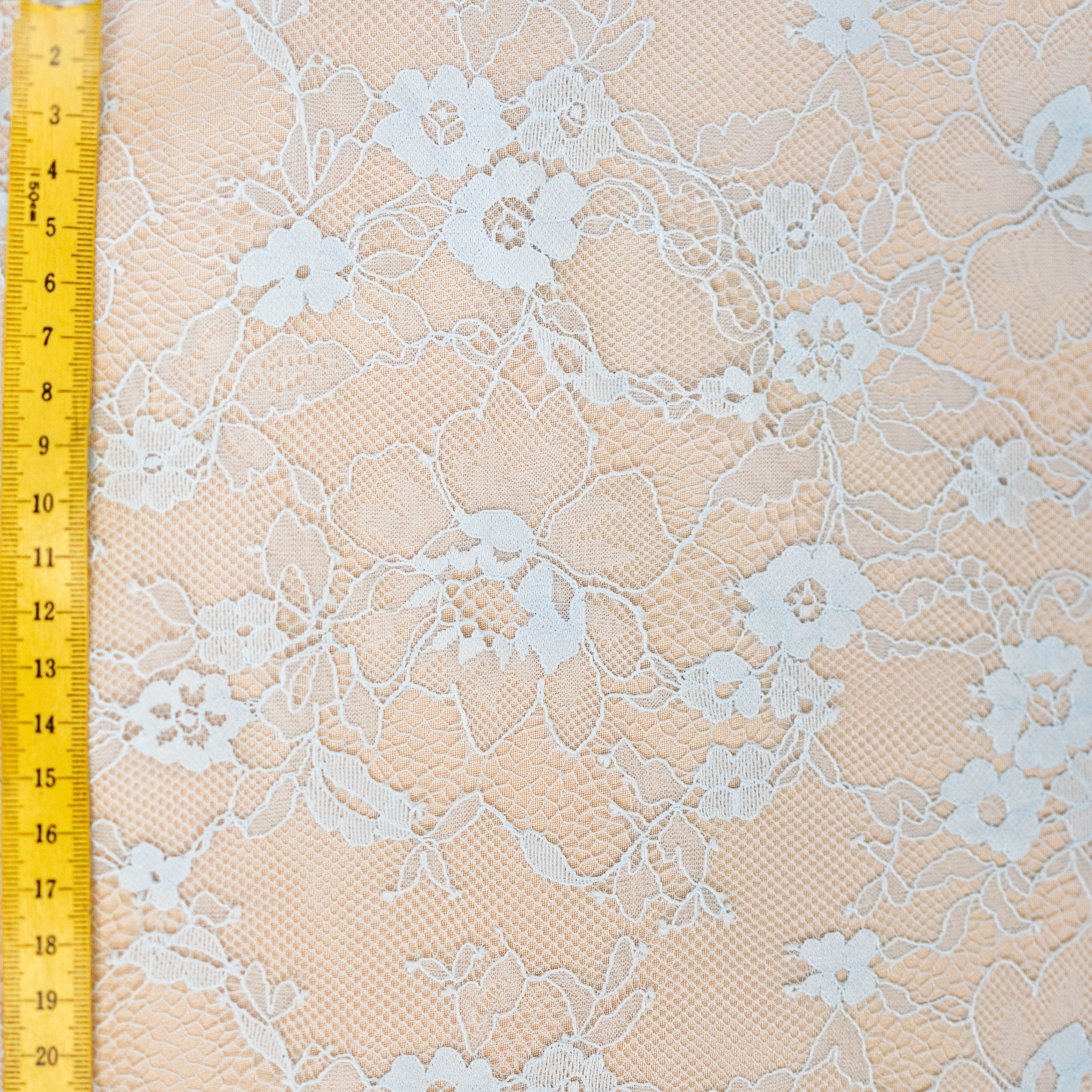 Sky Blue Fine Lace — featuring scalloped edges and floral motifs, in viscose and nylon, 140cm wide