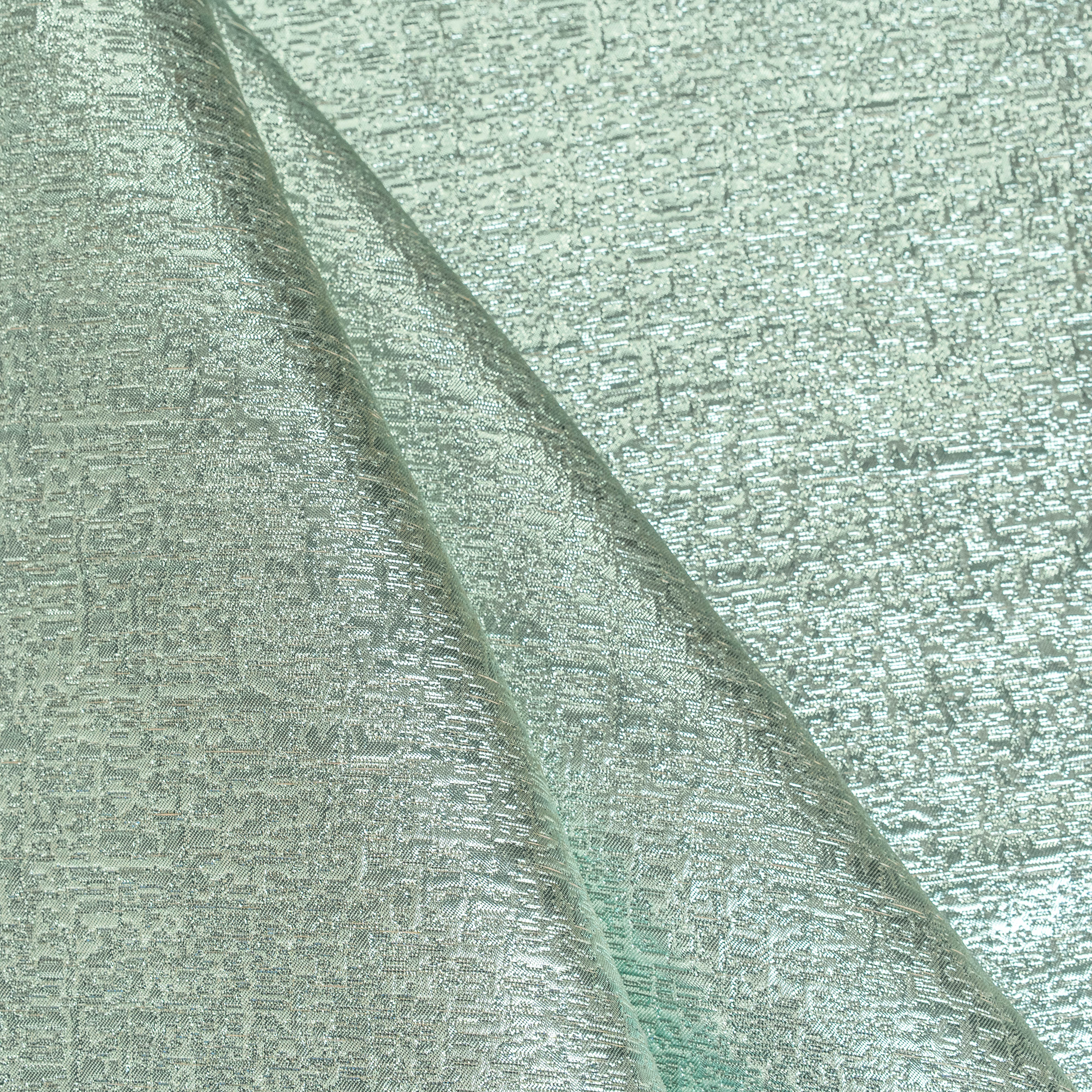 Spearmint Metallic Jacquard — featuring a woven metallic jacquard design with a soft feel and stiff drape, 140cm wide