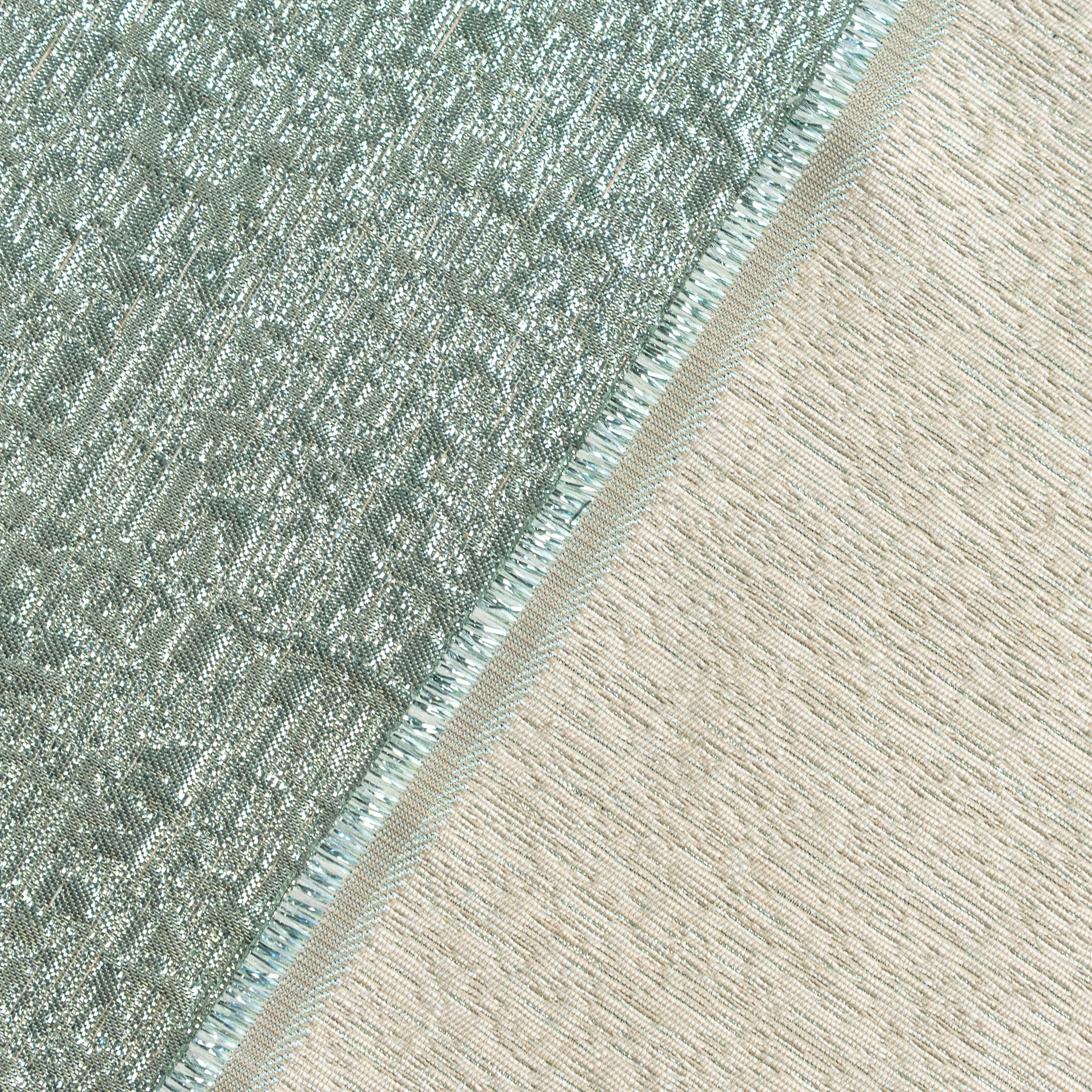 Spearmint Metallic Jacquard — featuring a woven metallic jacquard design with a soft feel and stiff drape, 140cm wide
