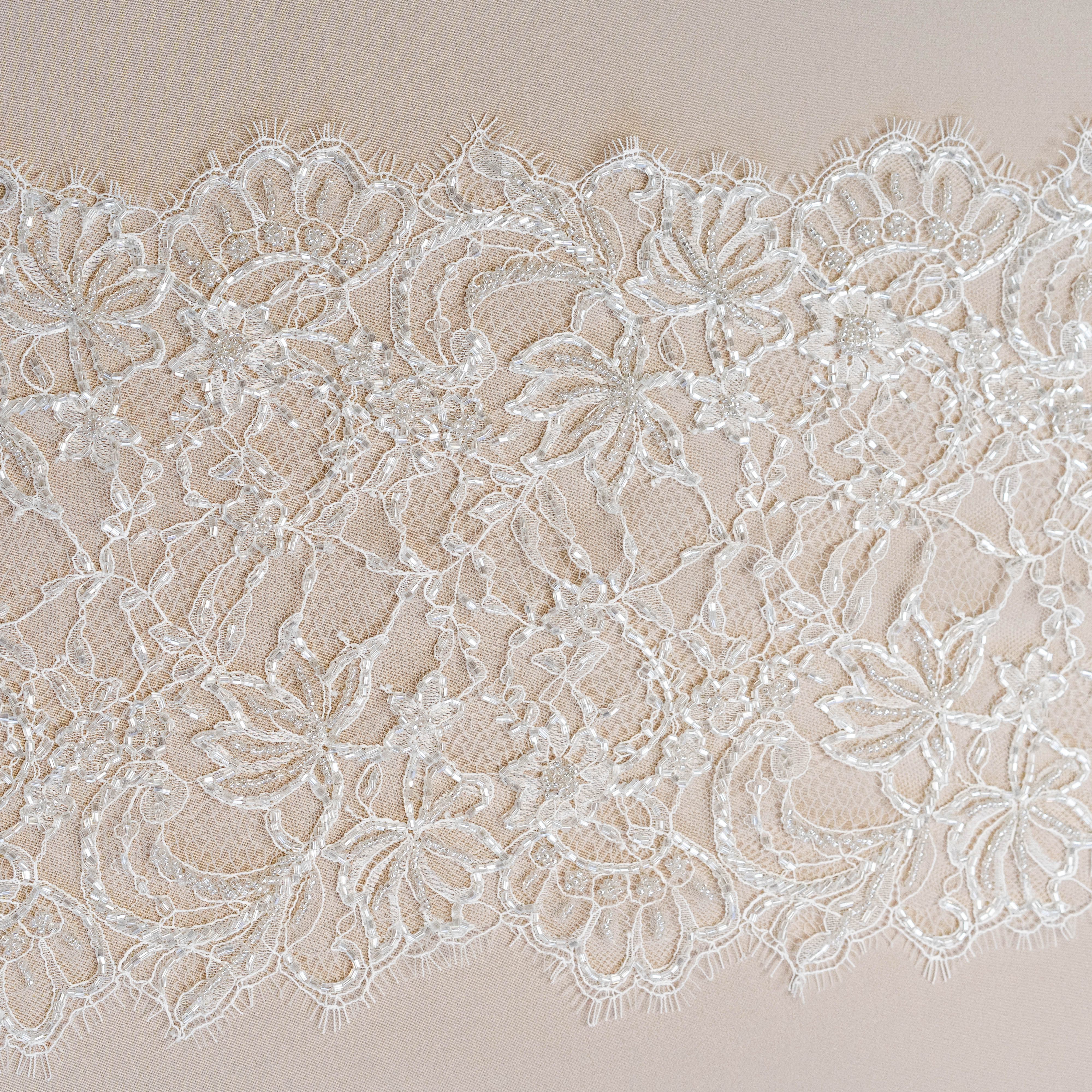 Light Ivory Floriated Beaded Lace Trim — featuring scalloped edges, eyelash detail and floral motifs, in nylon, 30cm wide