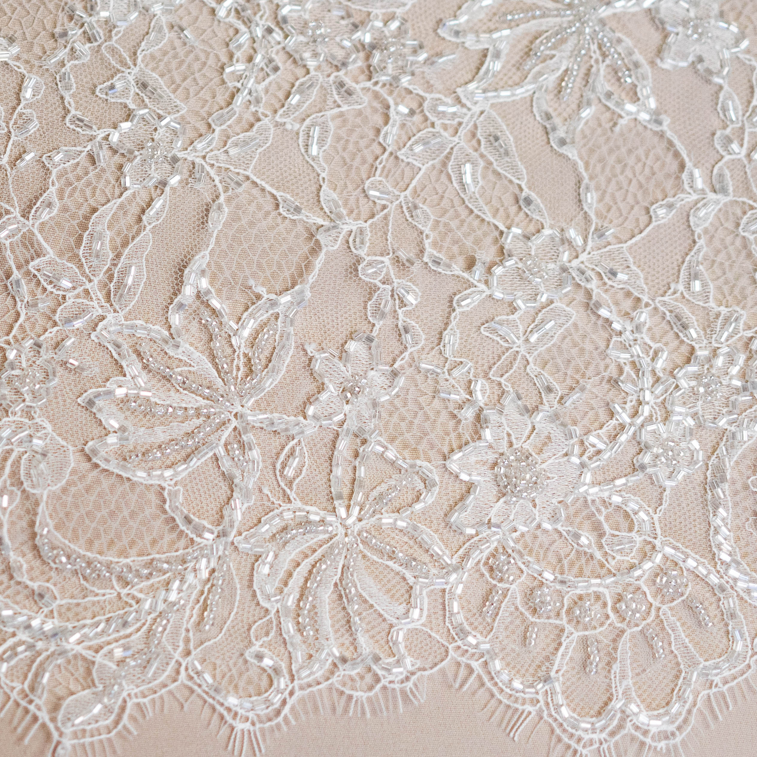 Light Ivory Floriated Beaded Lace Trim — featuring scalloped edges, eyelash detail and floral motifs, in nylon, 30cm wide