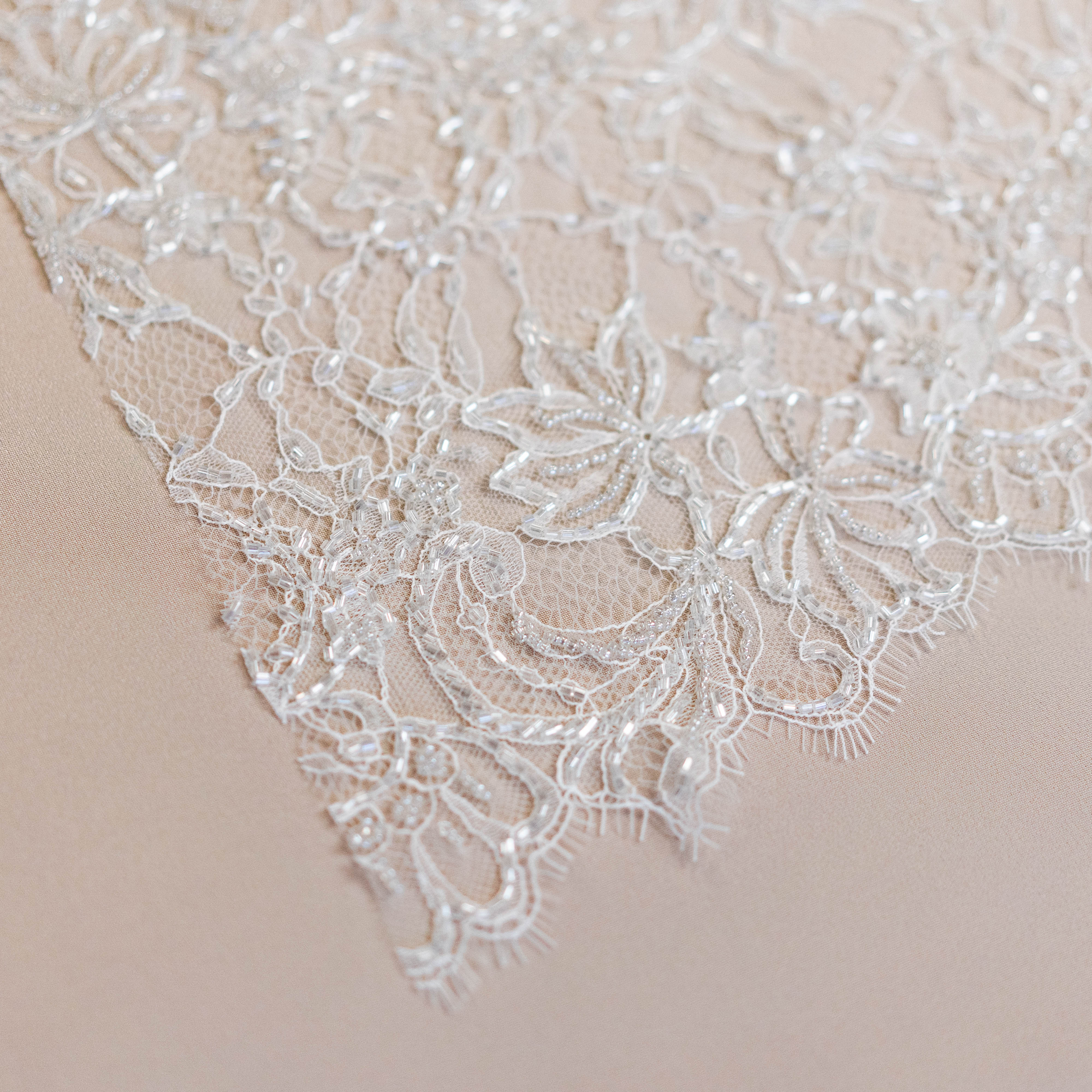 Light Ivory Floriated Beaded Lace Trim — featuring scalloped edges, eyelash detail and floral motifs, in nylon, 30cm wide