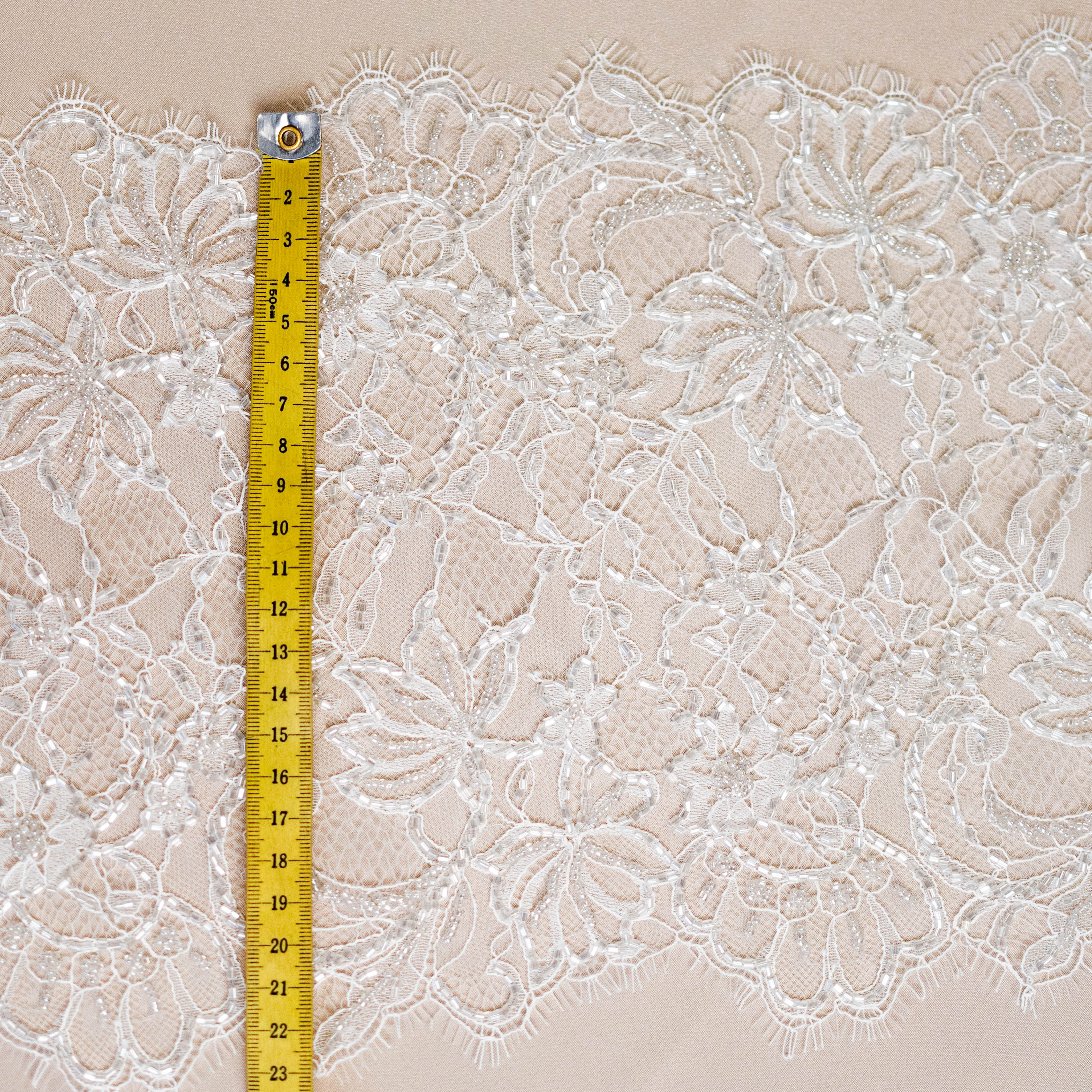Light Ivory Floriated Beaded Lace Trim — featuring scalloped edges, eyelash detail and floral motifs, in nylon, 30cm wide