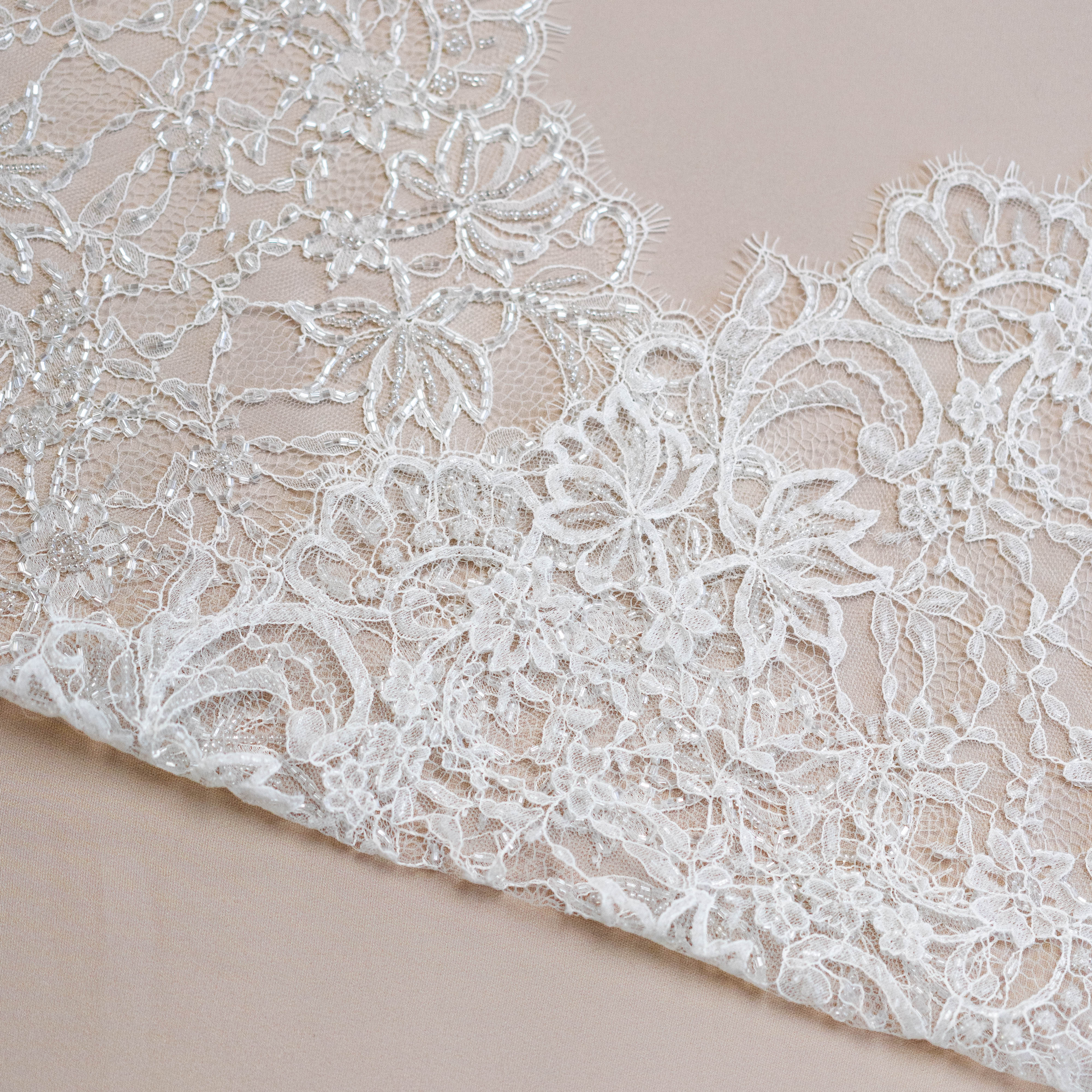 Light Ivory Floriated Beaded Lace Trim — featuring scalloped edges, eyelash detail and floral motifs, in nylon, 30cm wide