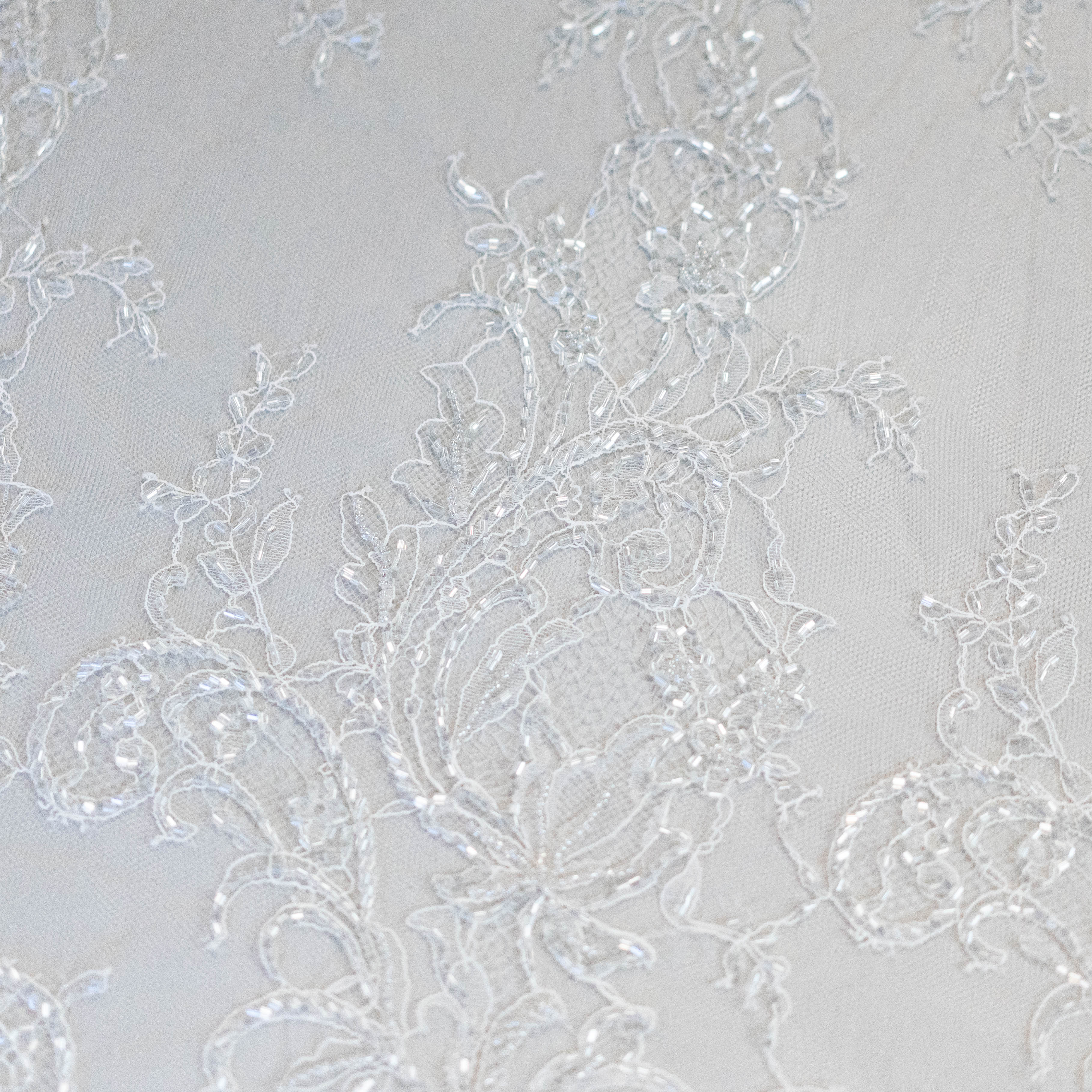 Floral Motif Beaded Fine Lace (1658BD) - Ivory