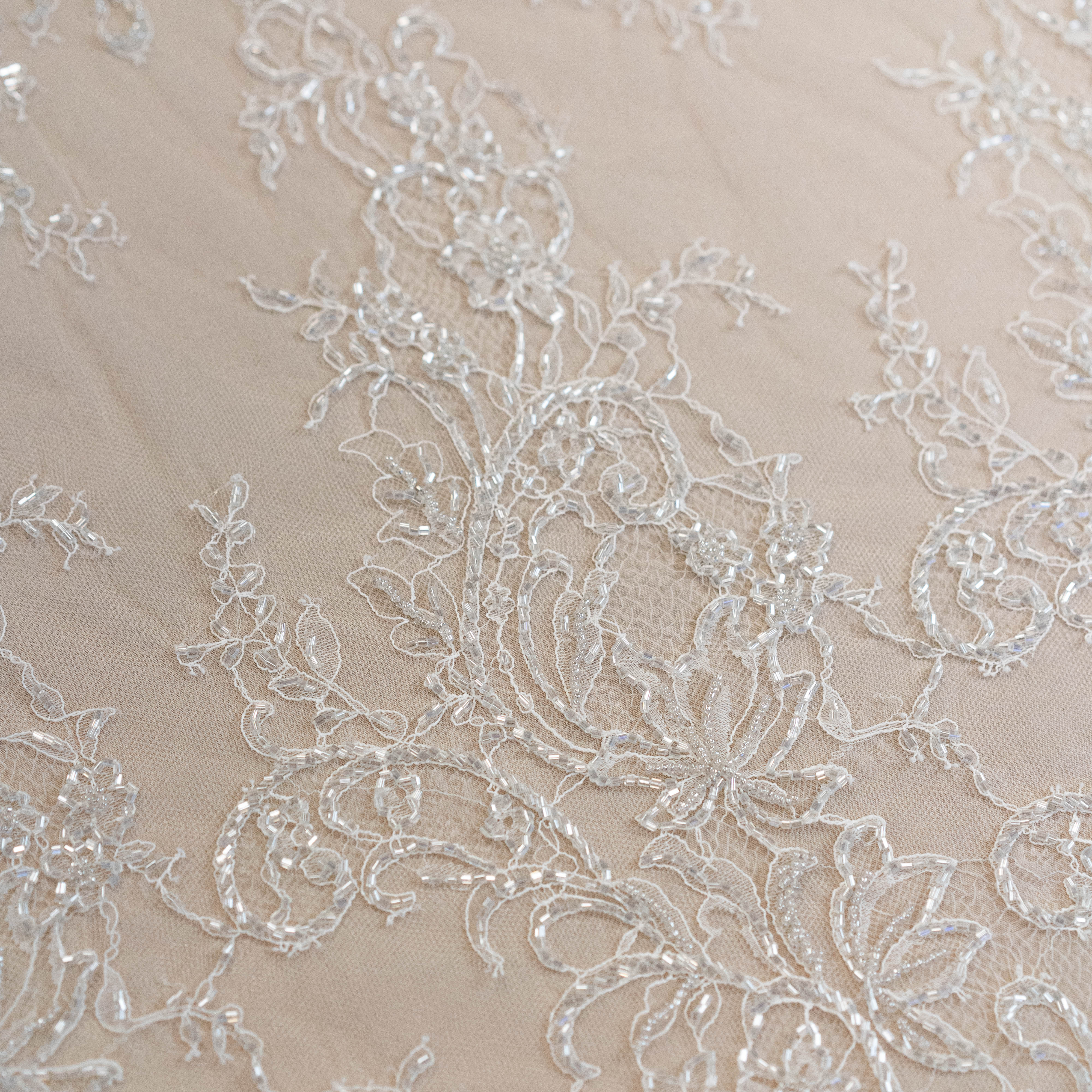 Floral Motif Beaded Fine Lace (1658BD) - Ivory