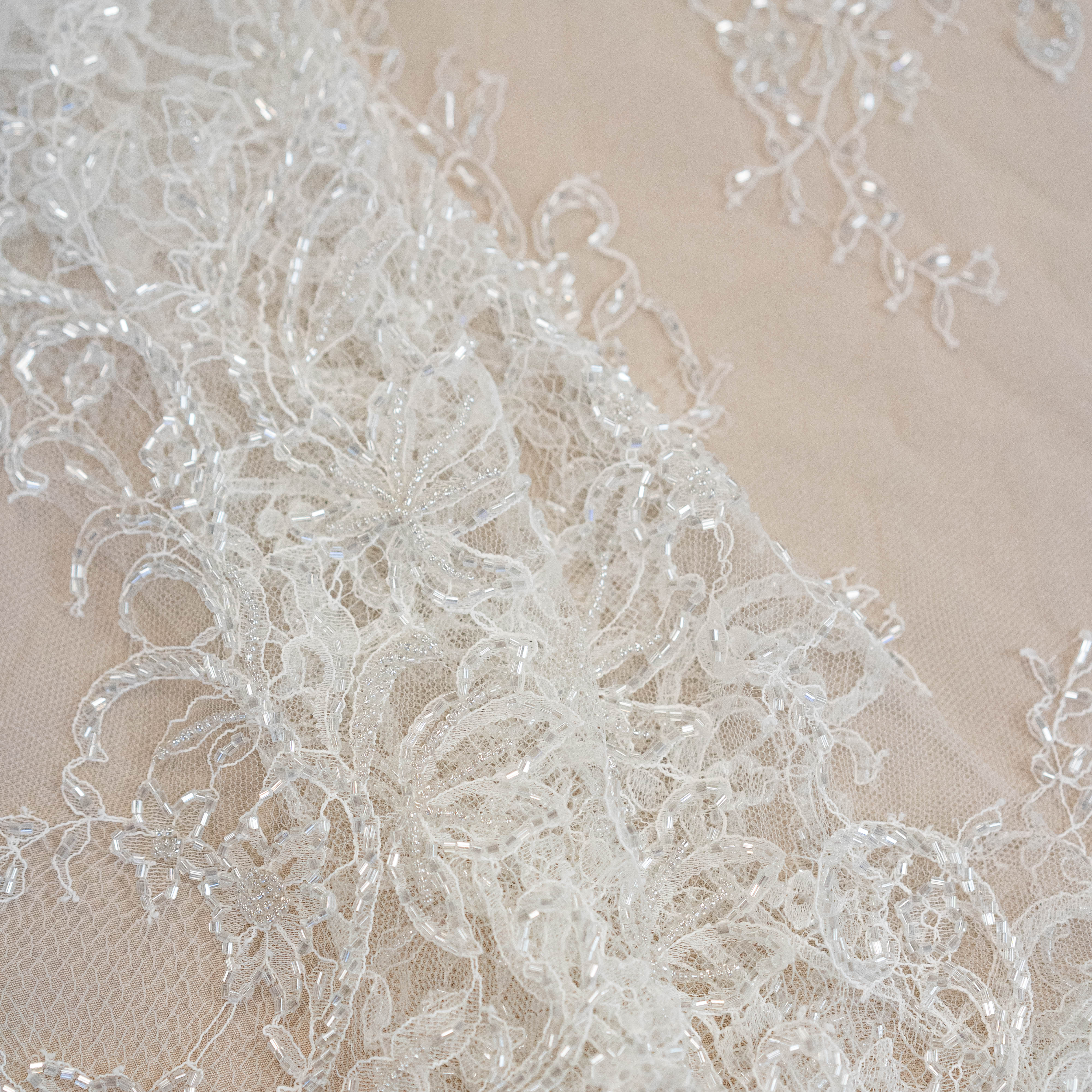 Floral Motif Beaded Fine Lace (1658BD) - Ivory