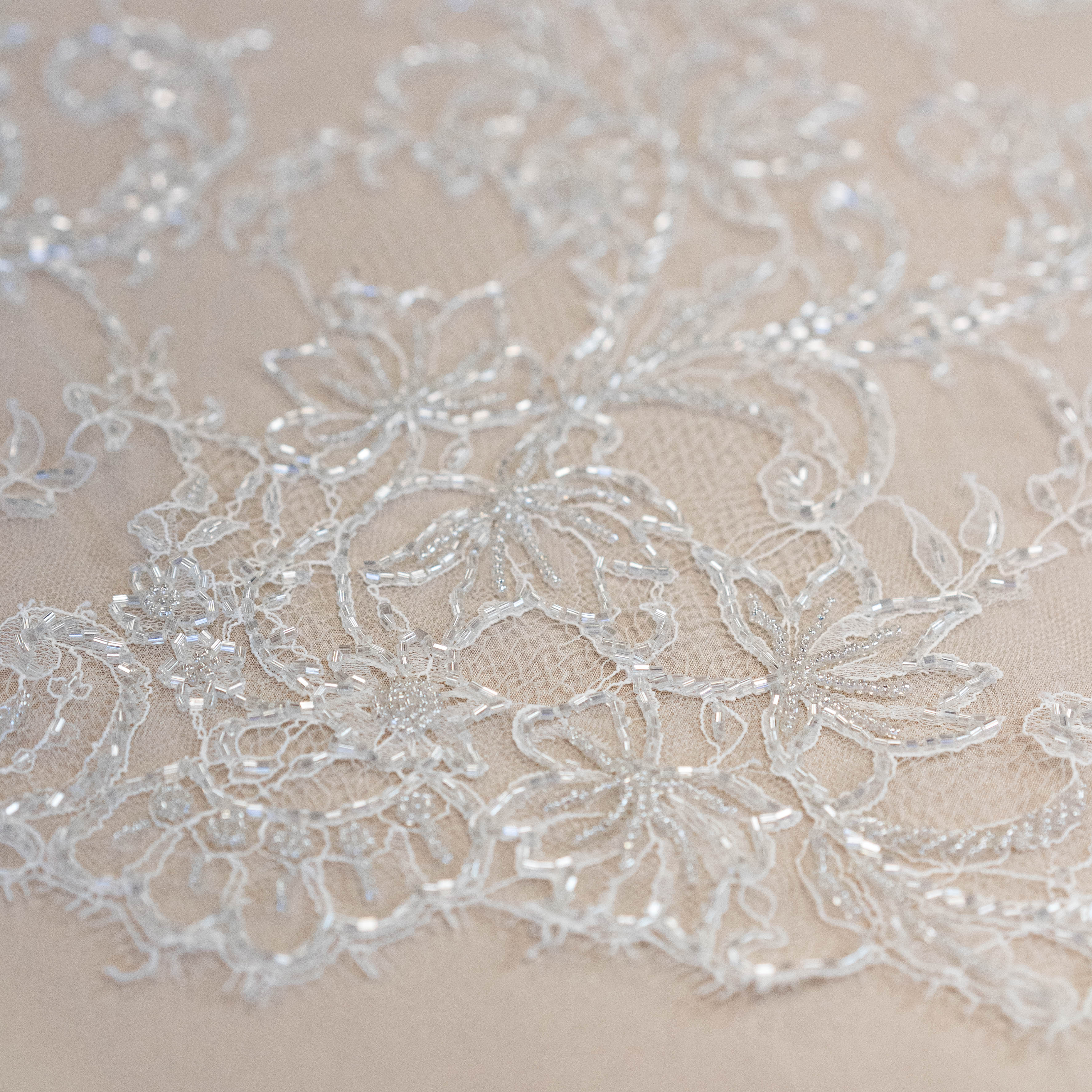 Floral Motif Beaded Fine Lace (1658BD) - Ivory