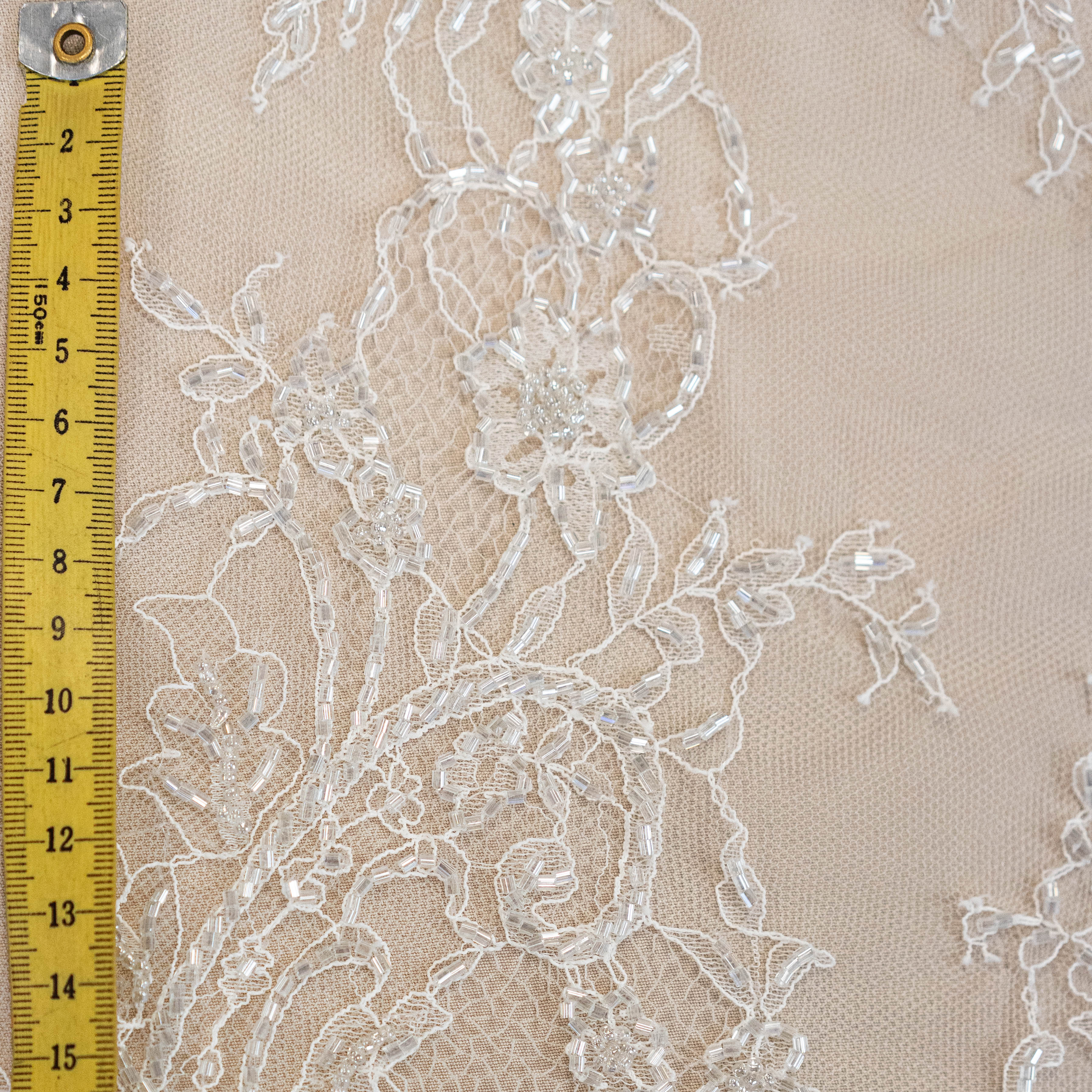 Floral Motif Beaded Fine Lace (1658BD) - Ivory