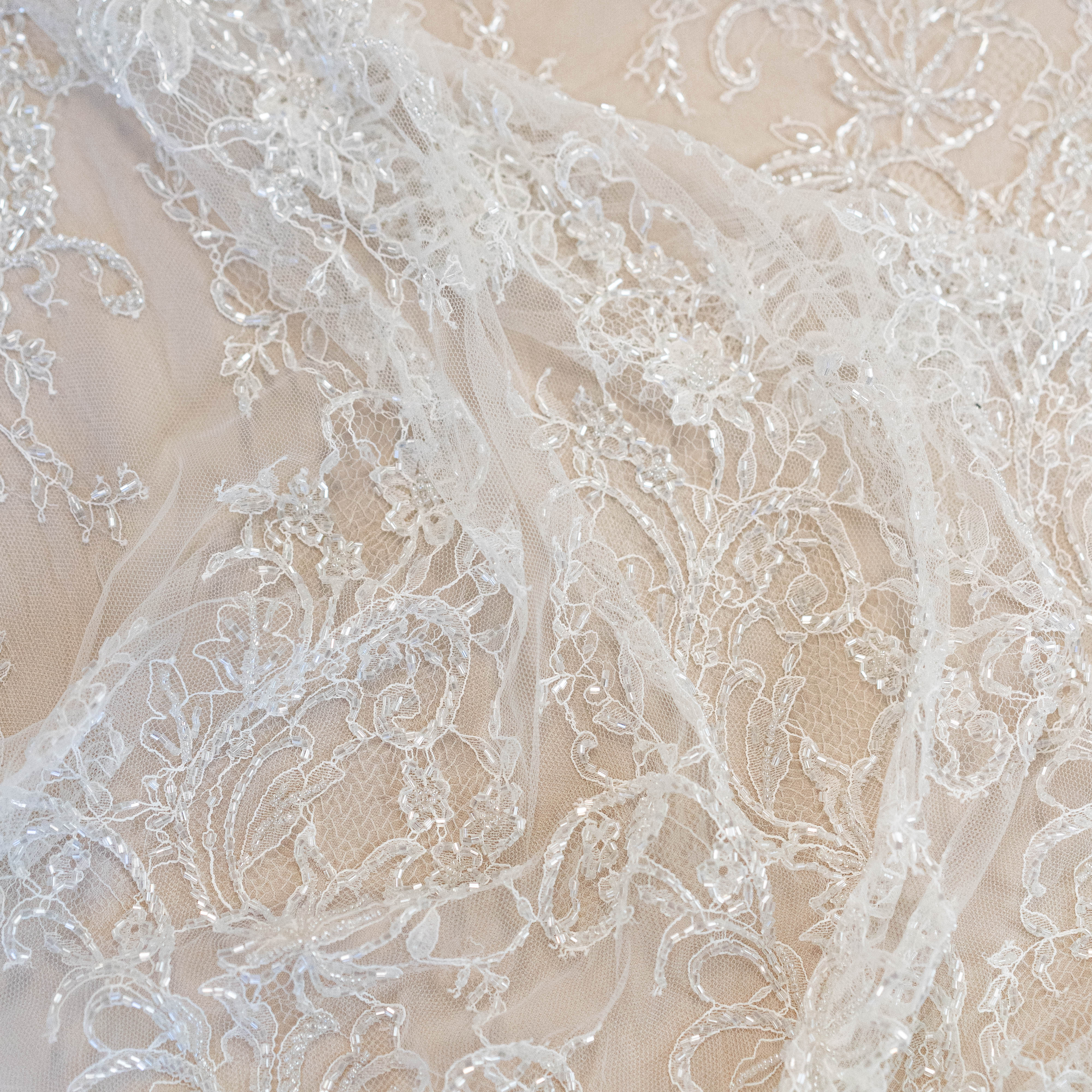 Floral Motif Beaded Fine Lace (1658BD) - Ivory