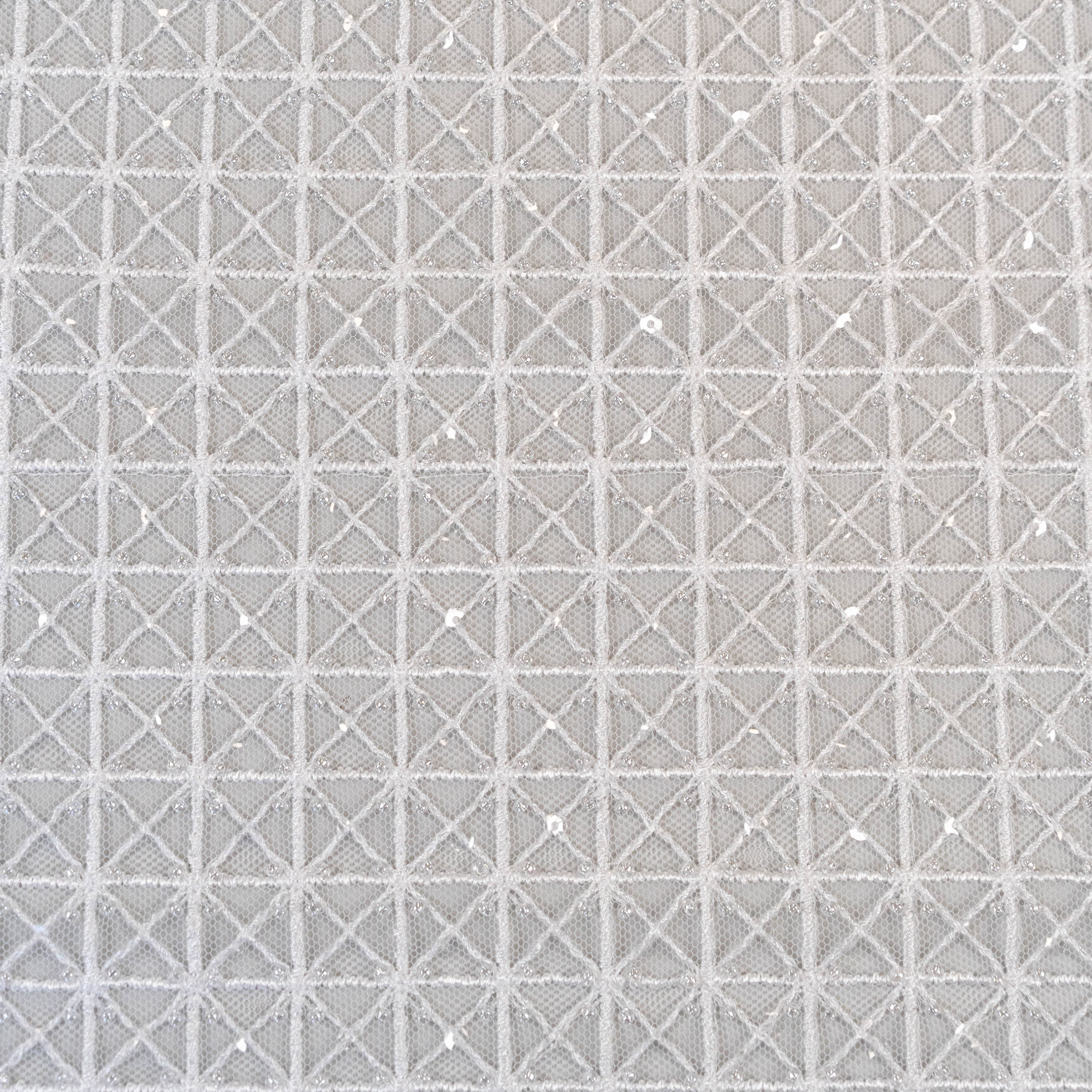 White Lattice Embroidered Tulle — featuring hand-beading and sequins, 50% nylon 50% rayon, 130cm wide
