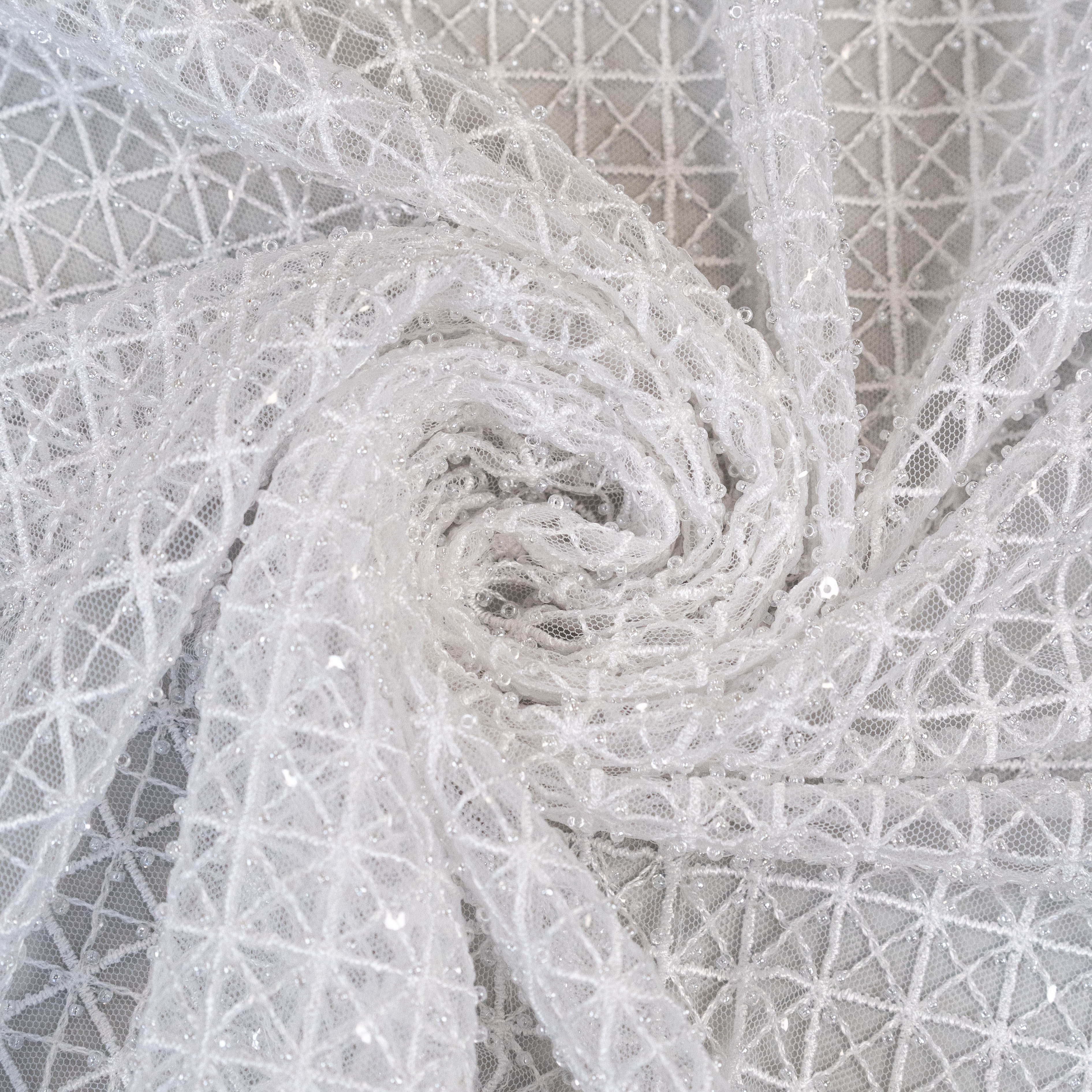 White Lattice Embroidered Tulle — featuring hand-beading and sequins, 50% nylon 50% rayon, 130cm wide