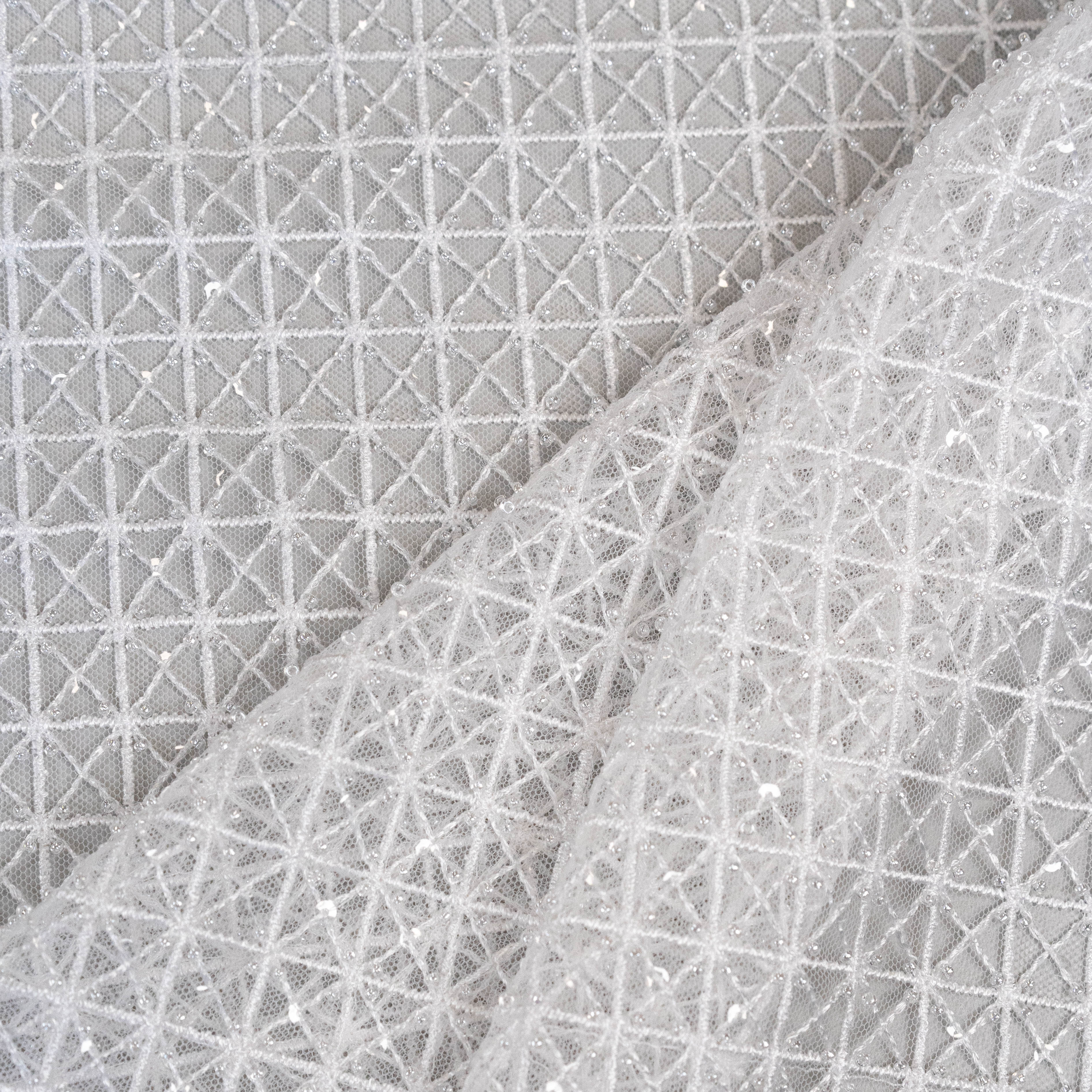 White Lattice Embroidered Tulle — featuring hand-beading and sequins, 50% nylon 50% rayon, 130cm wide