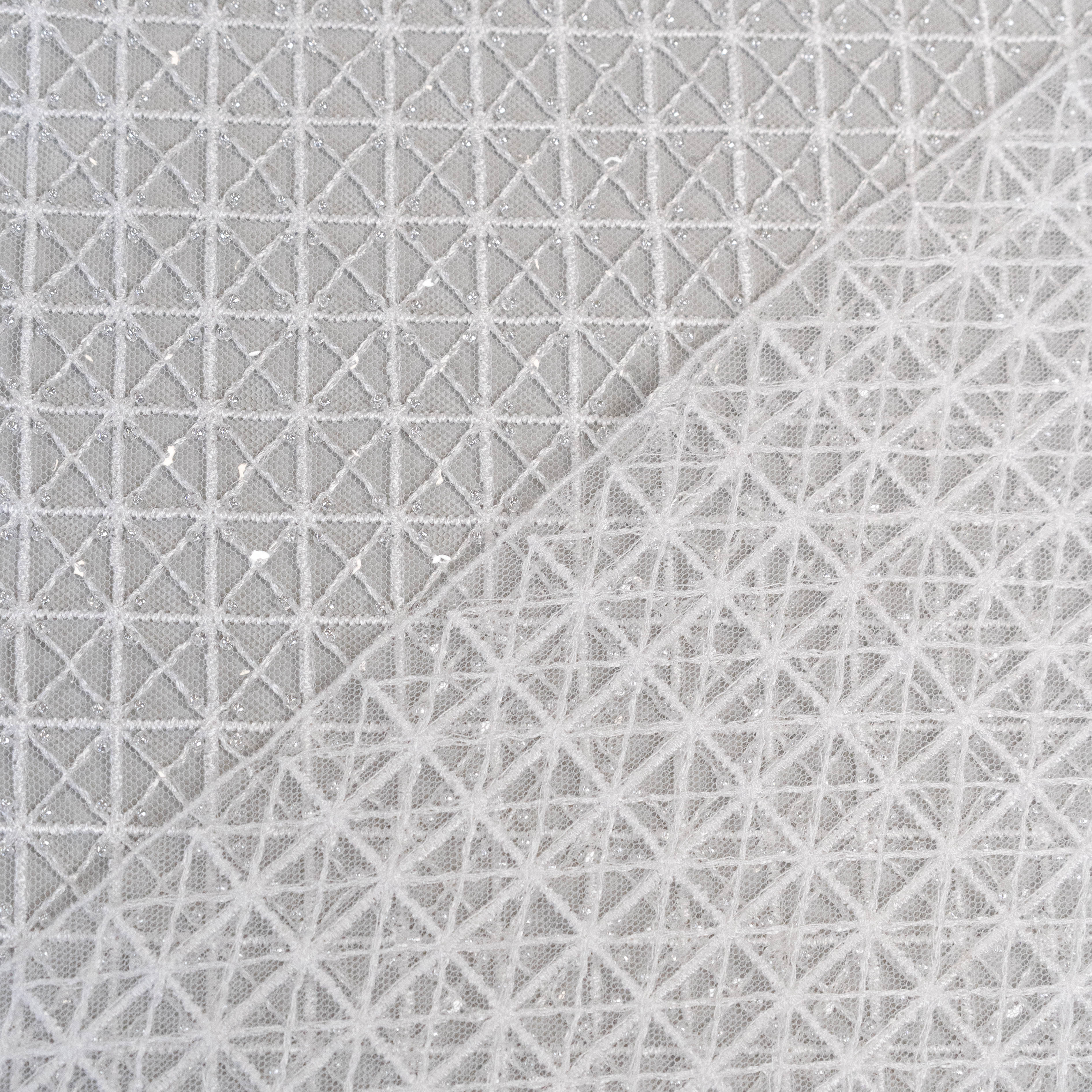 White Lattice Embroidered Tulle — featuring hand-beading and sequins, 50% nylon 50% rayon, 130cm wide