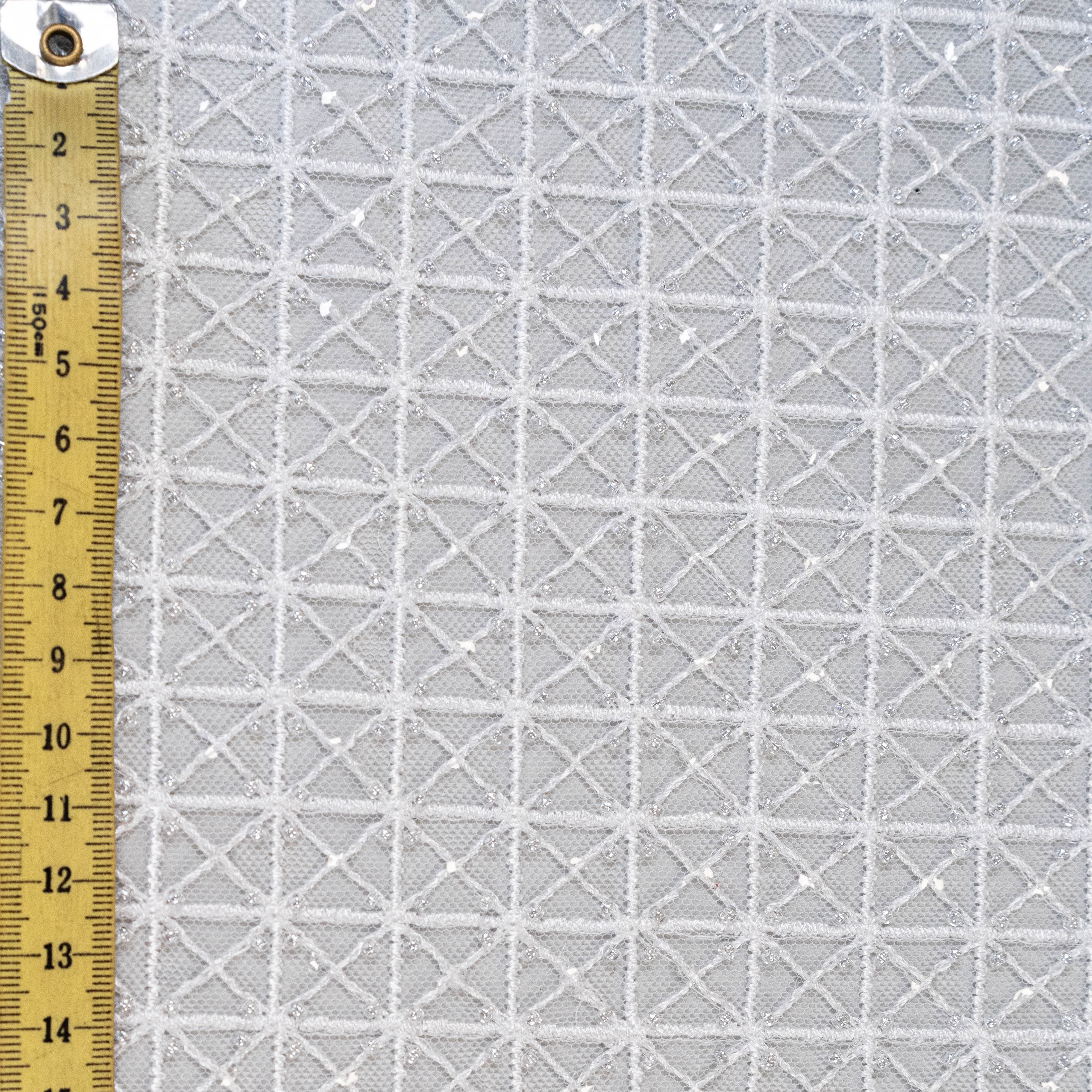 White Lattice Embroidered Tulle — featuring hand-beading and sequins, 50% nylon 50% rayon, 130cm wide