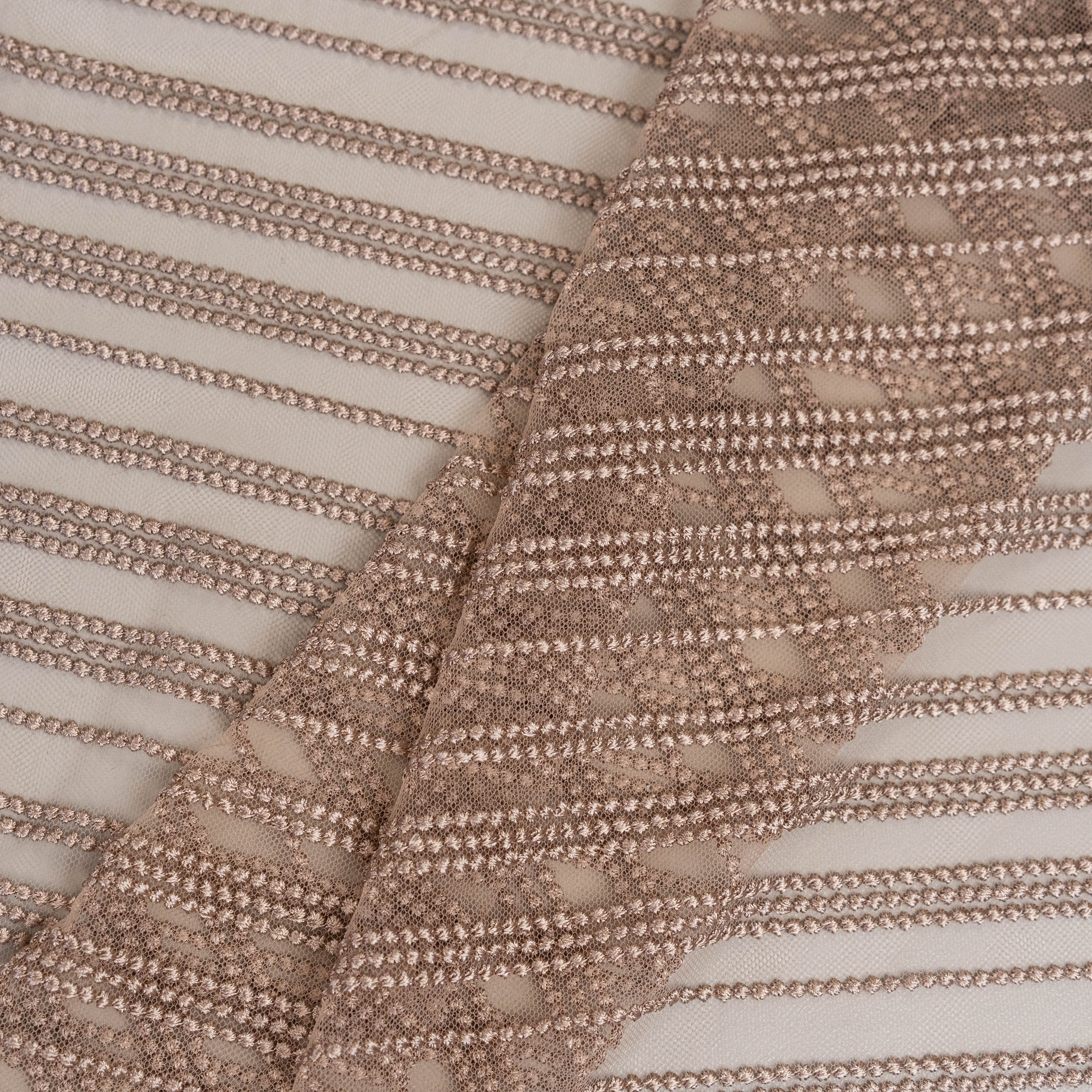 Skin Spot Stripe Embroidered Tulle — featuring scalloped edges, 50% nylon 50% rayon, 130cm wide