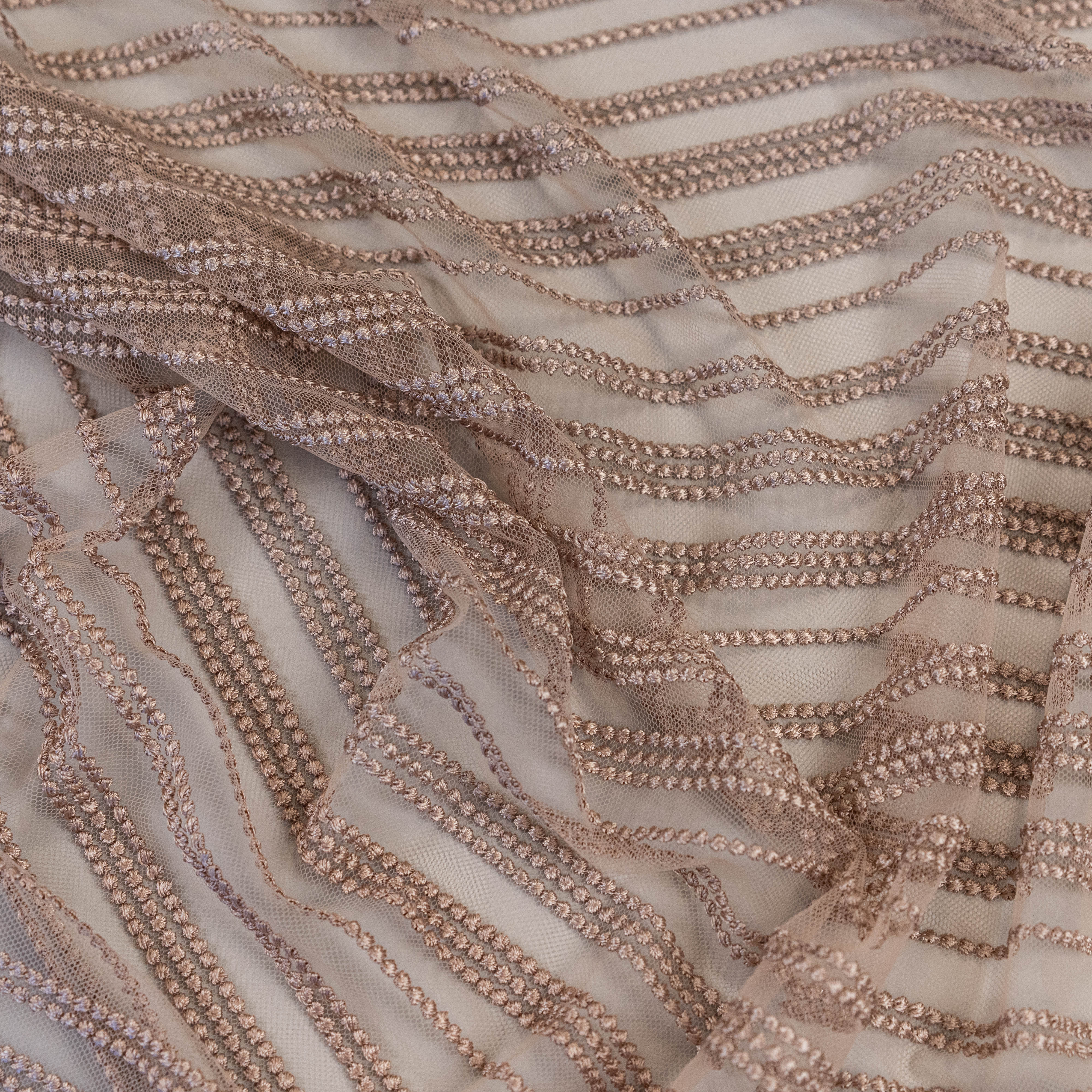 Skin Spot Stripe Embroidered Tulle — featuring scalloped edges, 50% nylon 50% rayon, 130cm wide